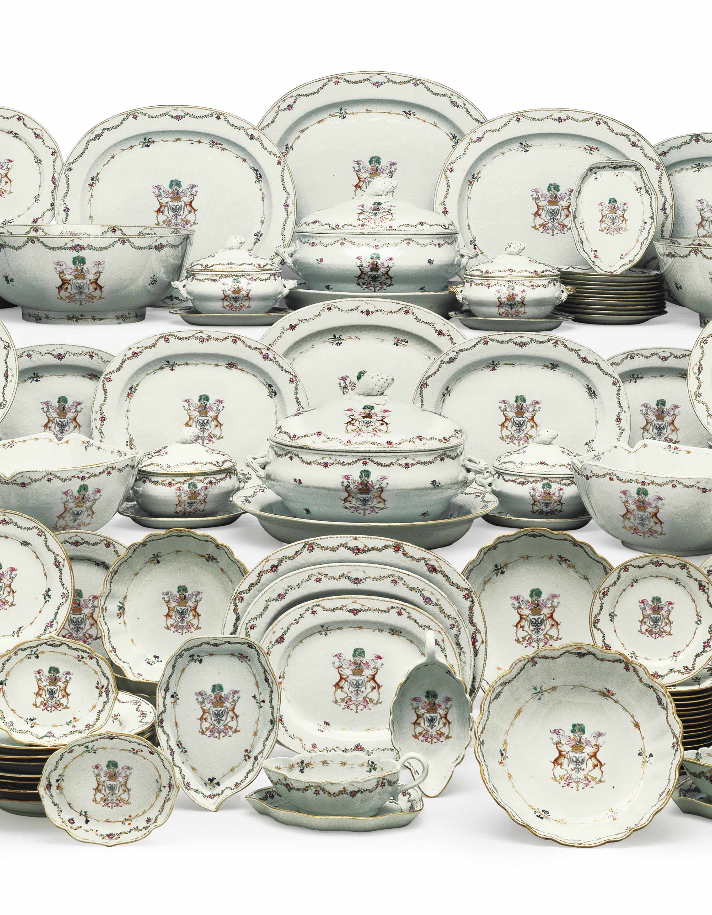 A LARGE CHINESE EXPORT PORCELAIN ARMORIAL DINNER SERVICE , CIRCA 1770