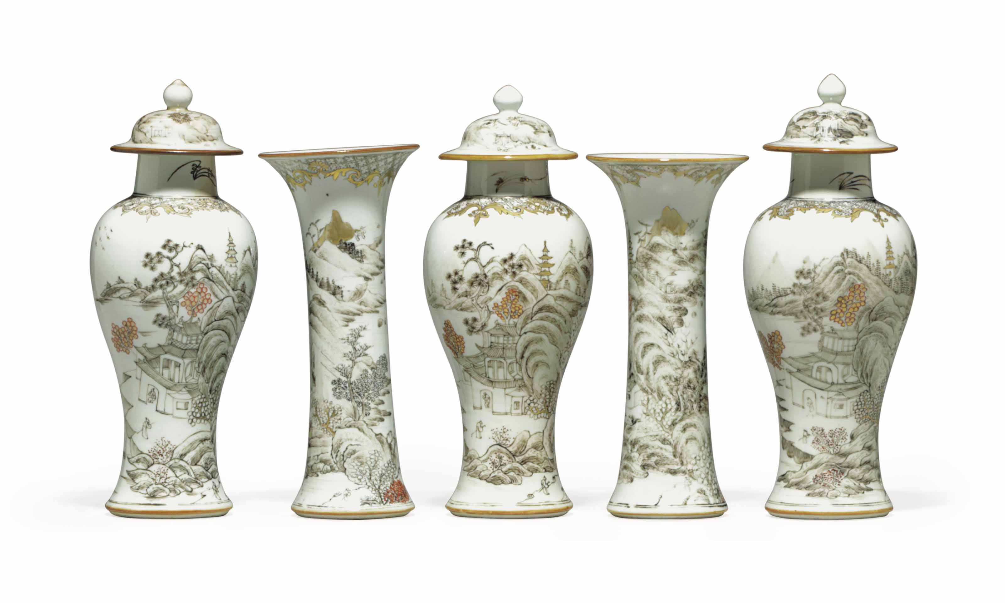 A CHINESE EXPORT PORCELAIN GRISAILLE AND GILT FIVEPIECE GARNITURE