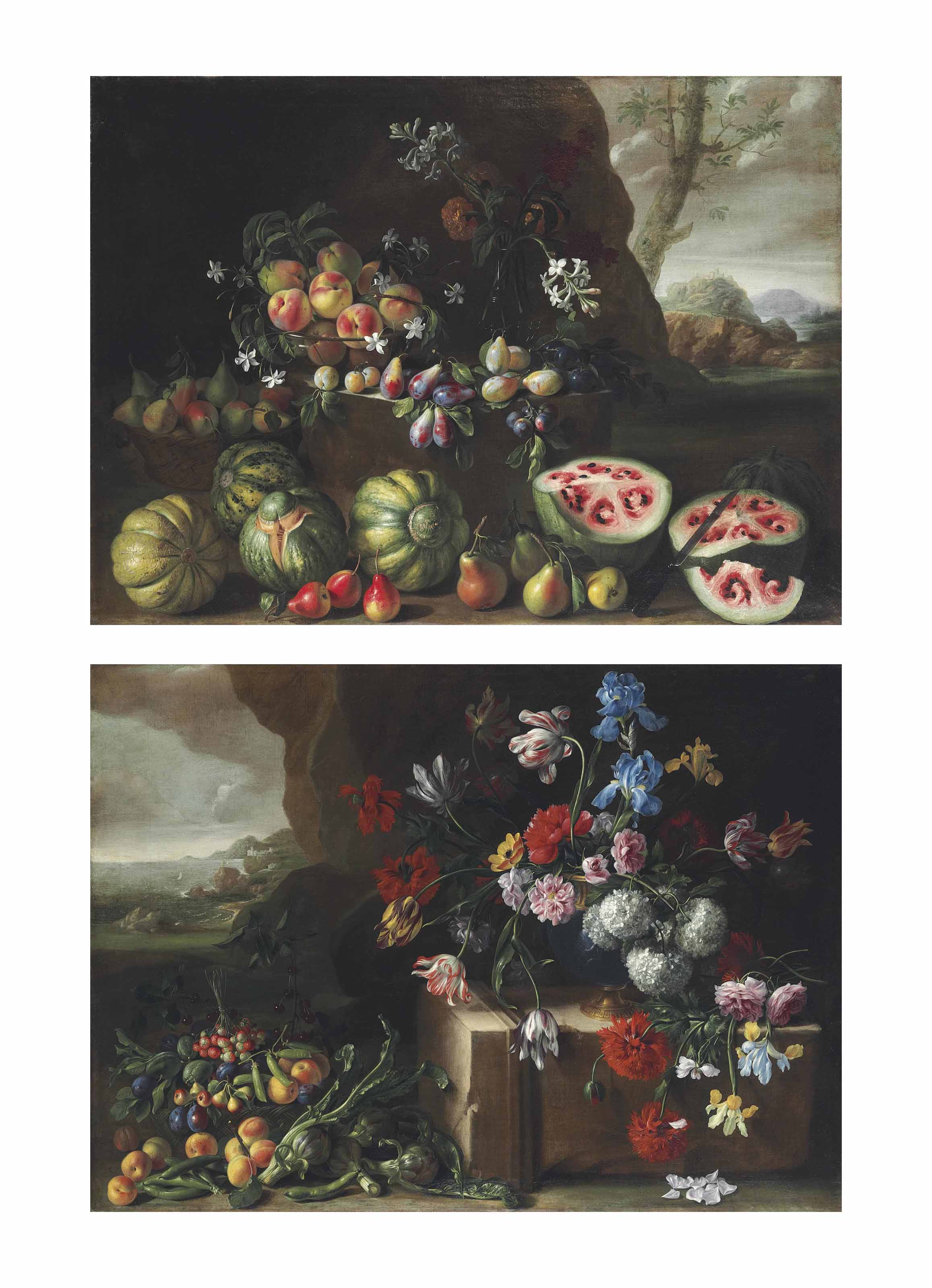 Giovanni Stanchi Rome C 1645 1672 Watermelons Peaches Pears