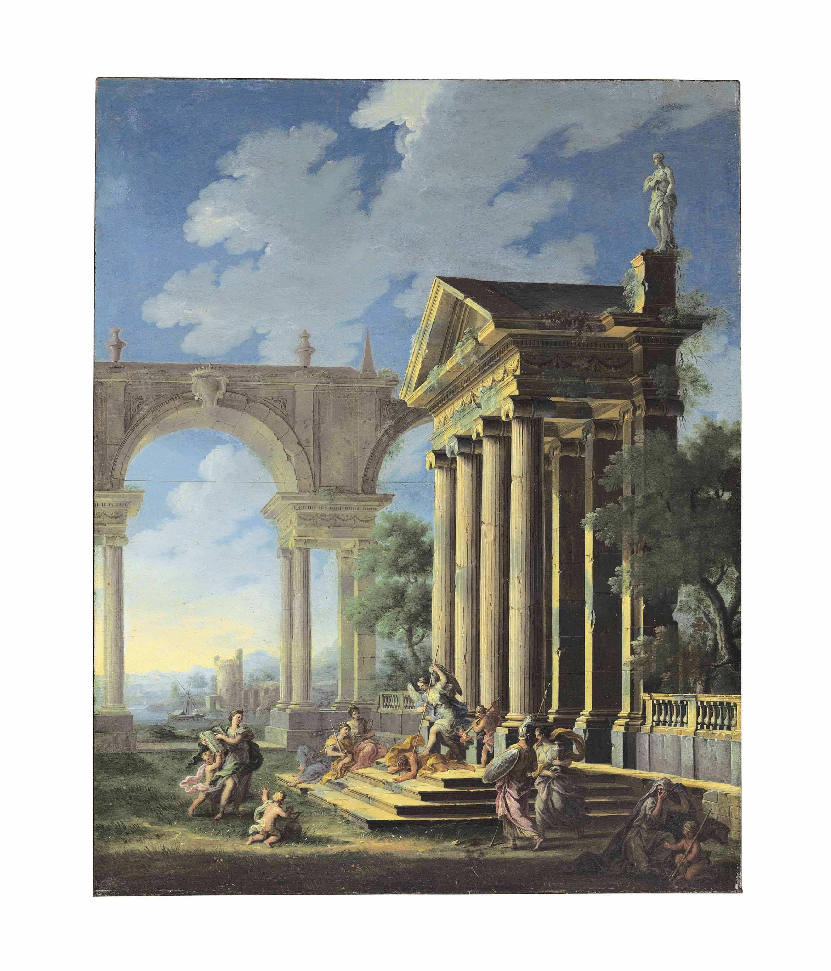 An allegorical scene outside a temple façade 

