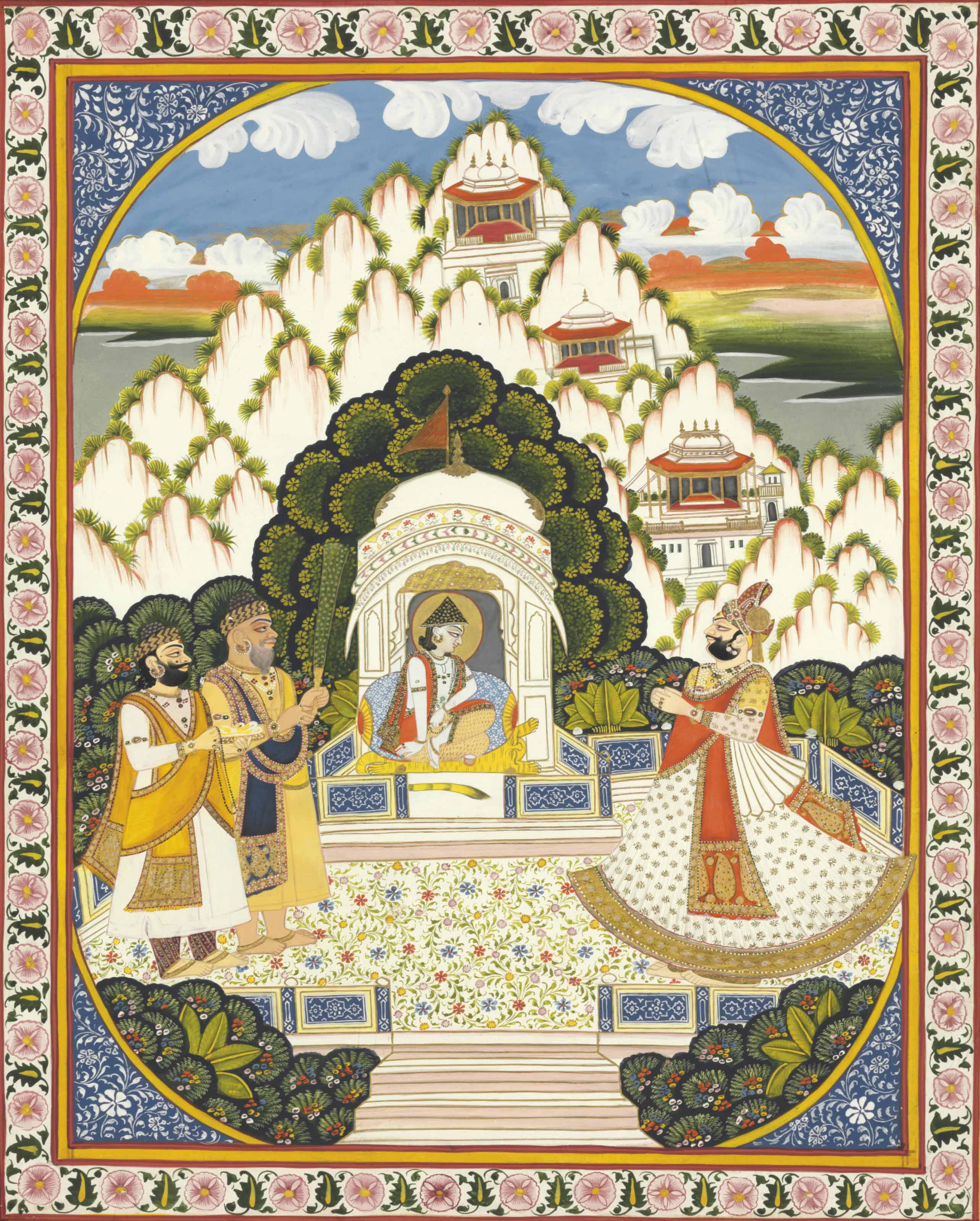 A painting of Maharaja Man Singh at worship , INDIA, JODHPUR, CIRCA