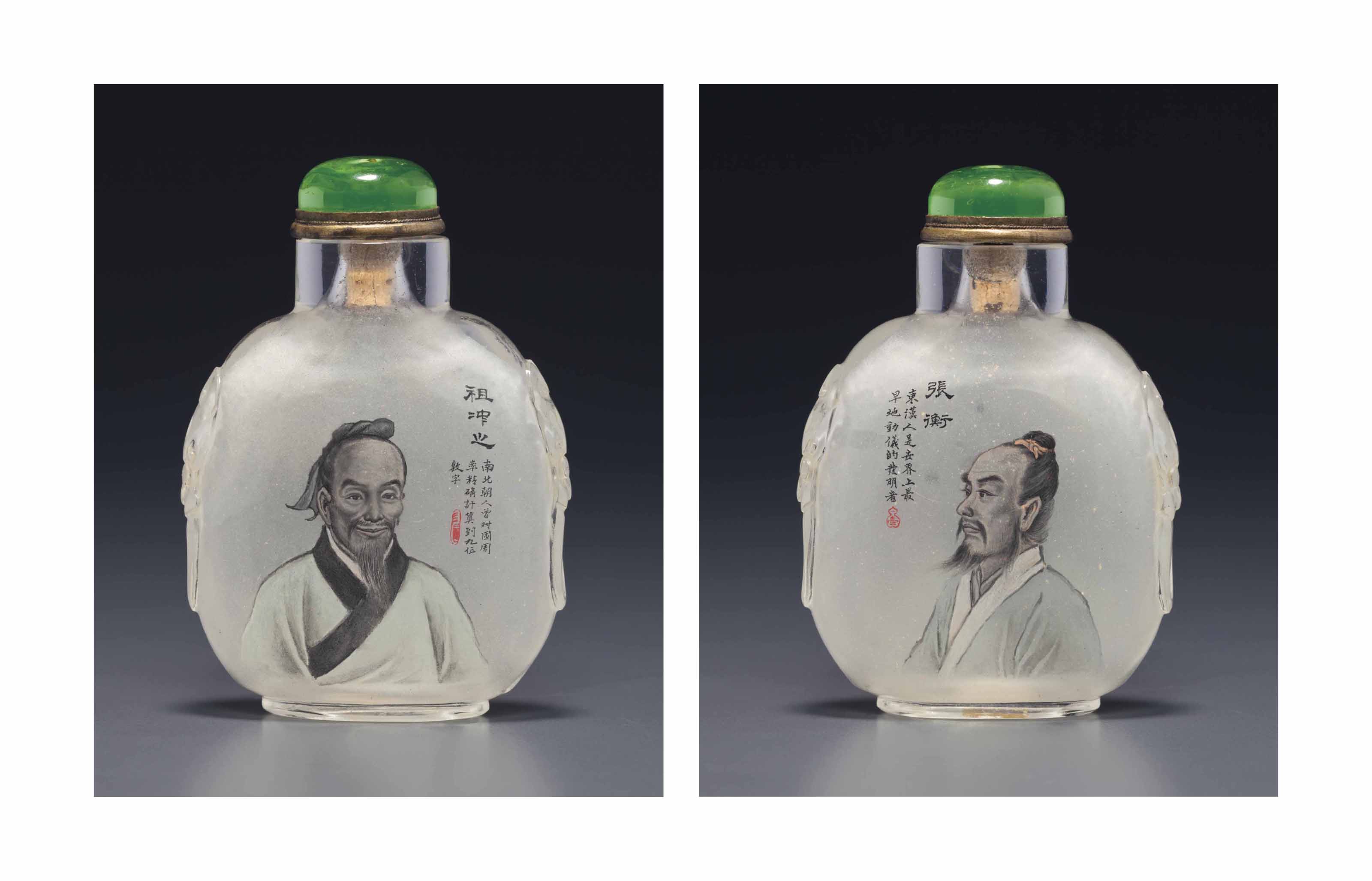 1970-1972年左右王习三款水晶内画人物肖像鼻烟壶, SIGNED WANG XISAN