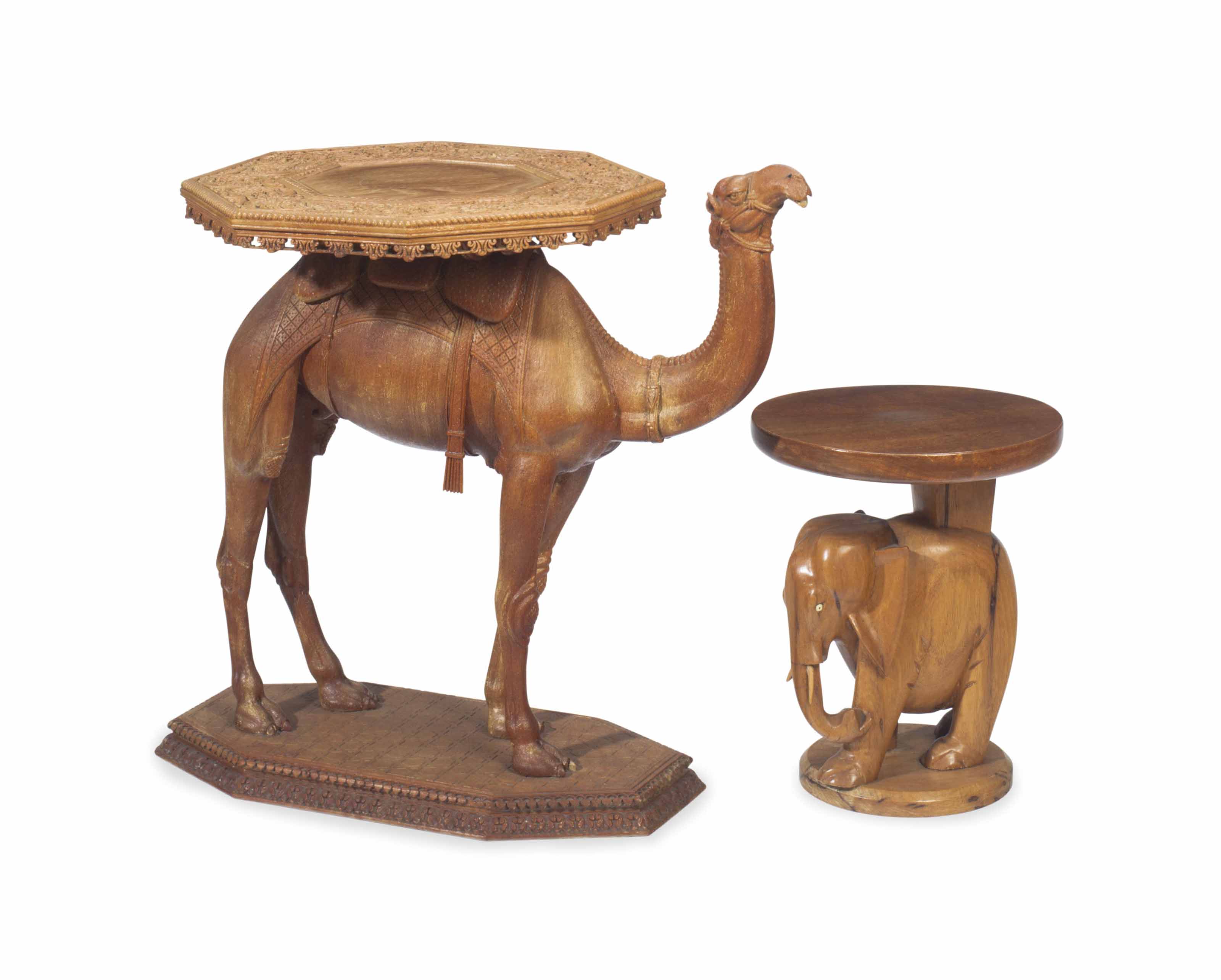 A PAIR OF CARVED ELEPHANT-FORM OCCASIONAL TABLES, AND A ...