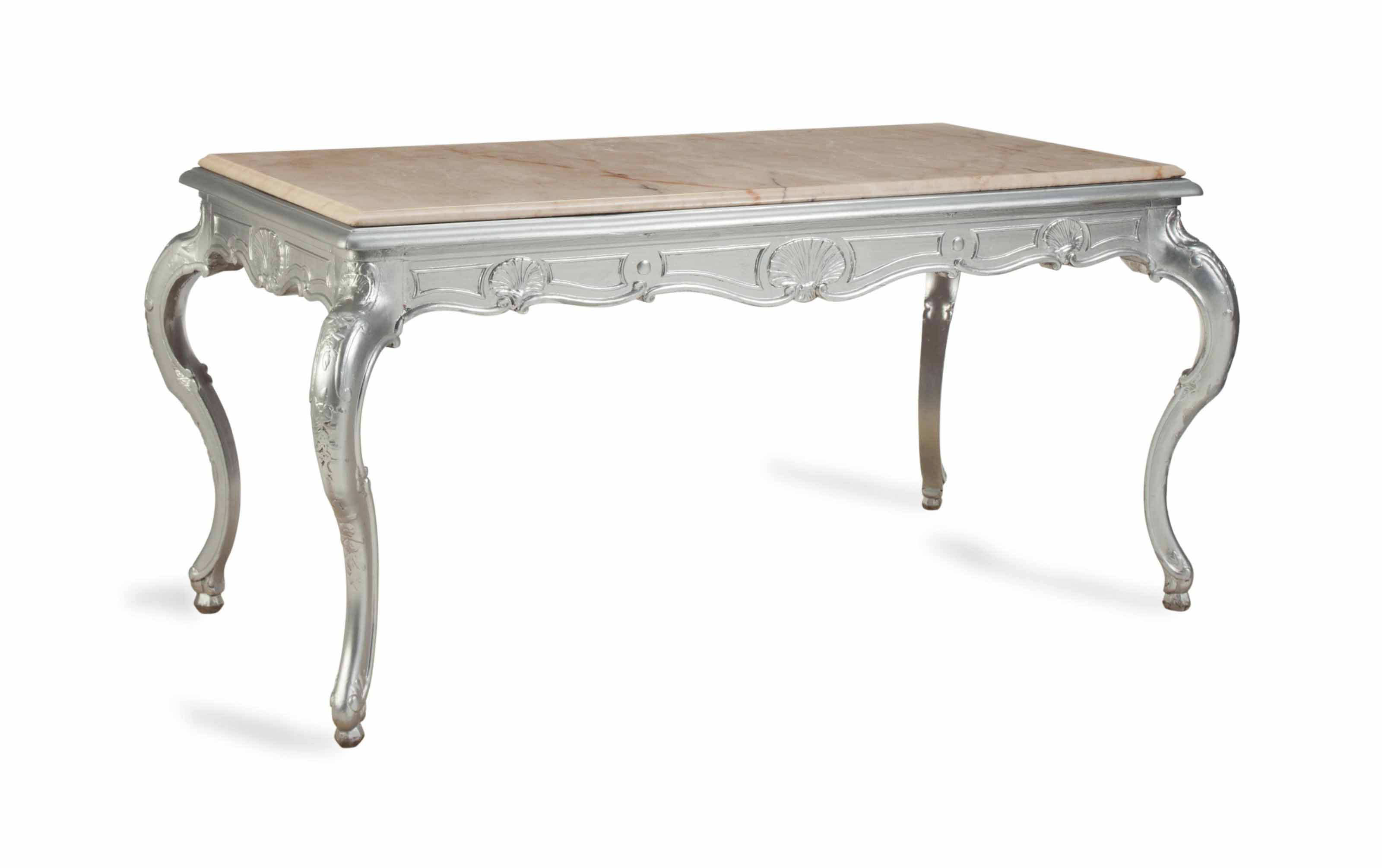 A ROCOCO STYLE SILVER LEAF AND MARBLETOP WRITING TABLE,