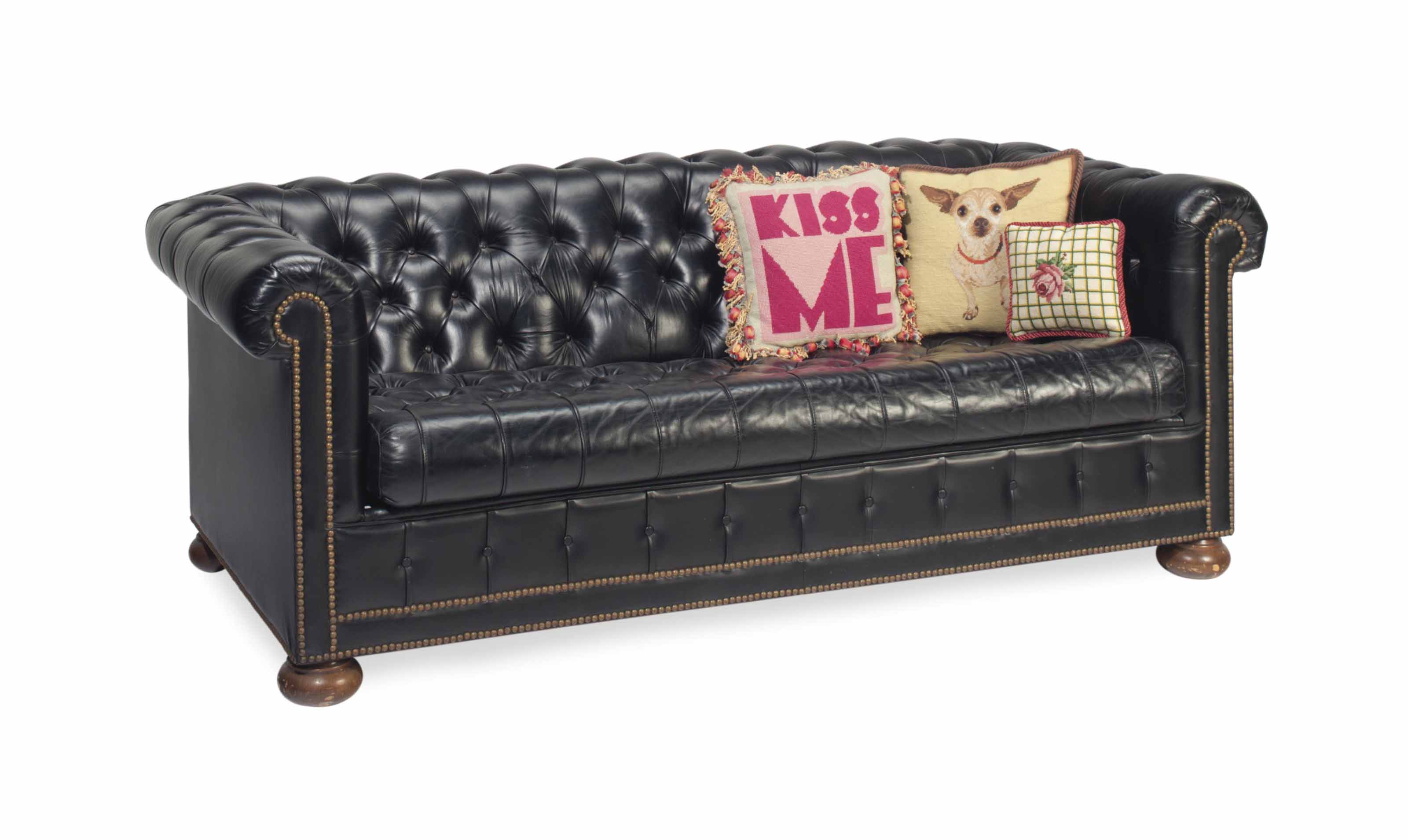 A Button Tufted Black Leather Chesterfield Sofa Late 20th