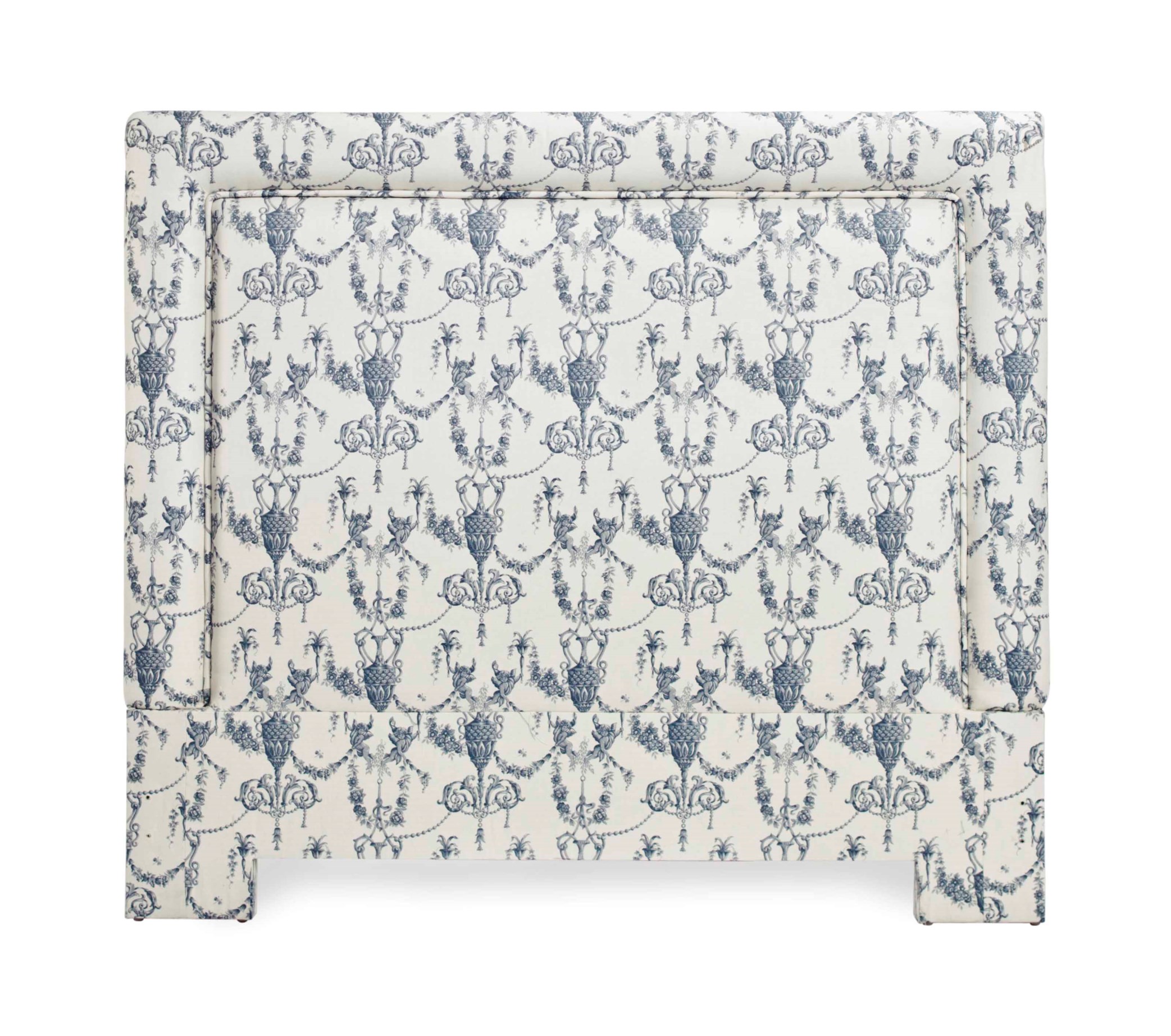 A BLUE AND WHITE CHINTZUPHOLSTERED HEADBOARD, AND FOUR PAIRS OF