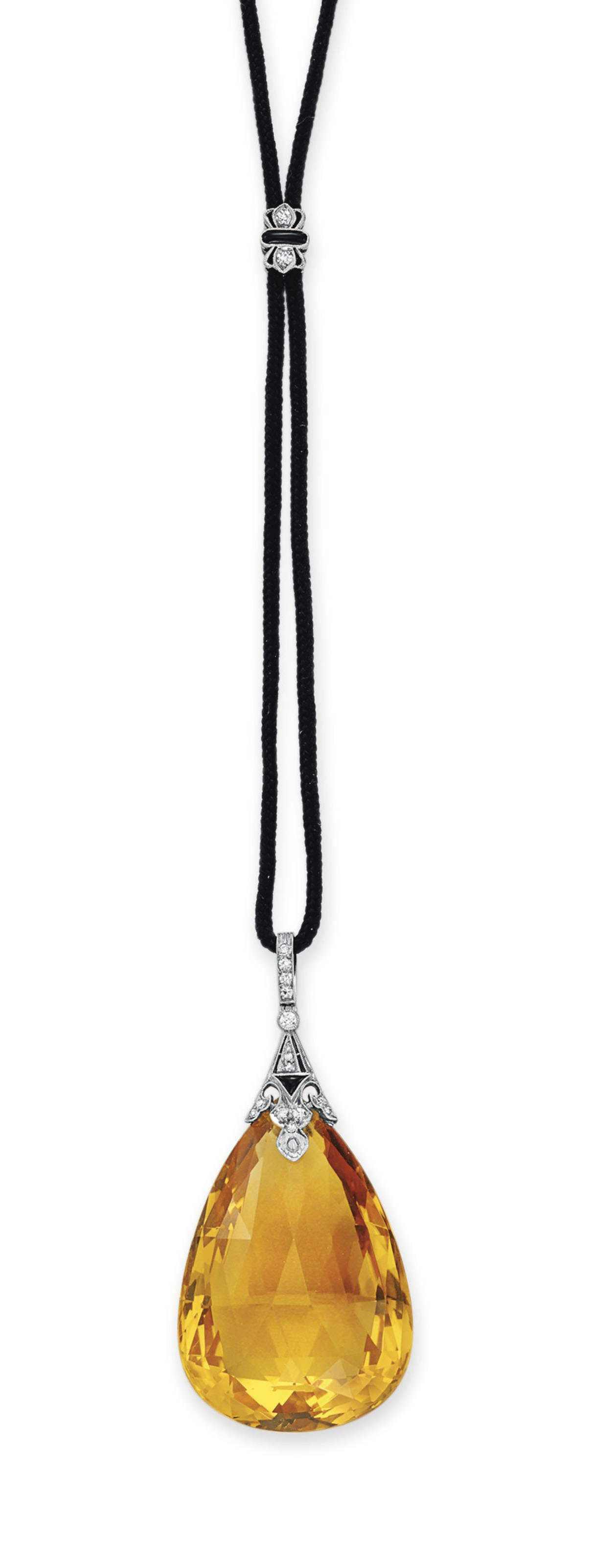 A BELLE POQUE ANTIQUE CITRINE AND DIAMOND PENDANT NECKLACE BY