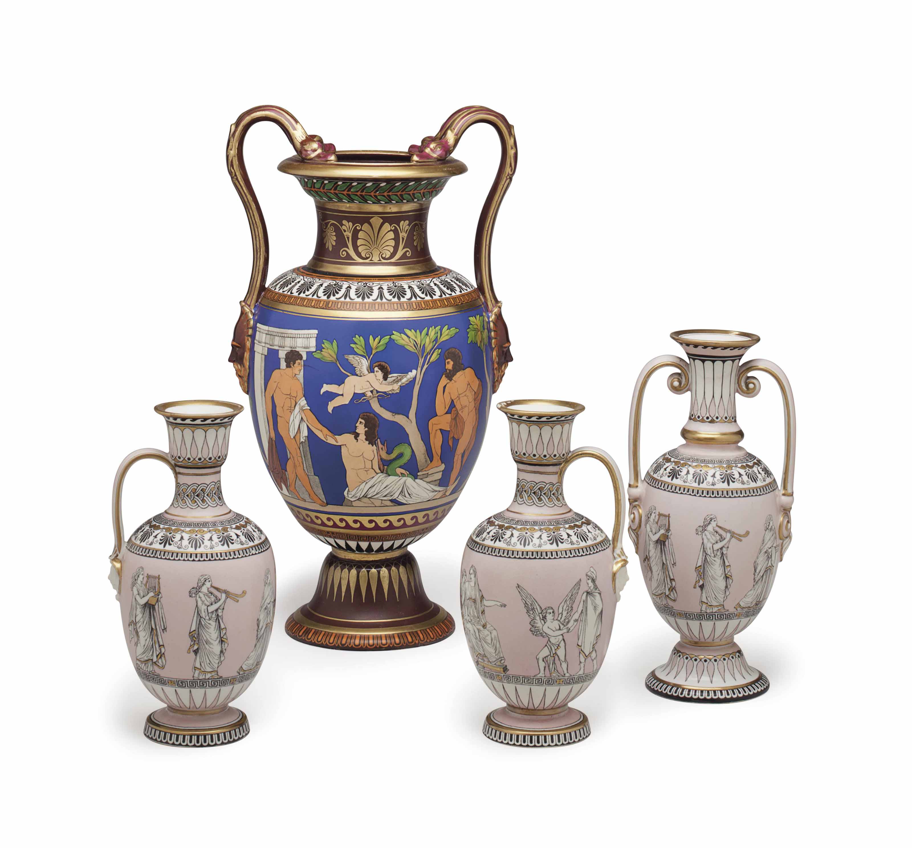FOUR ENGLISH PORCELAIN GREEKREVIVAL VASES , CIRCA 1860, BLACK PRINTED