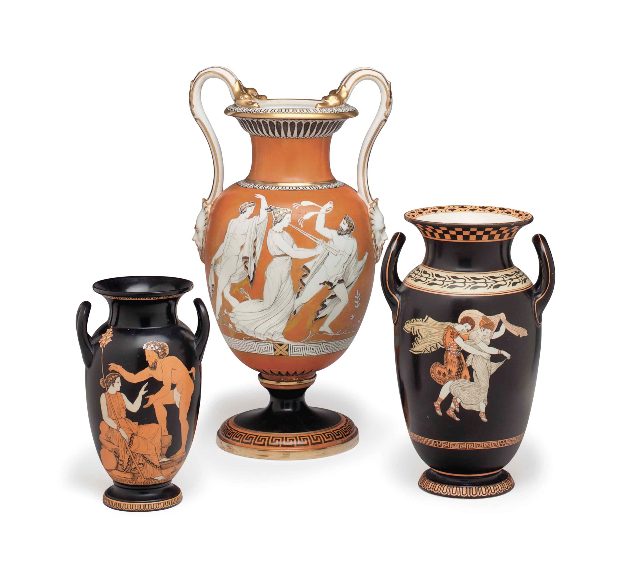 THREE ENGLISH PORCELAIN GREEKREVIVAL TWOHANDLED VASES