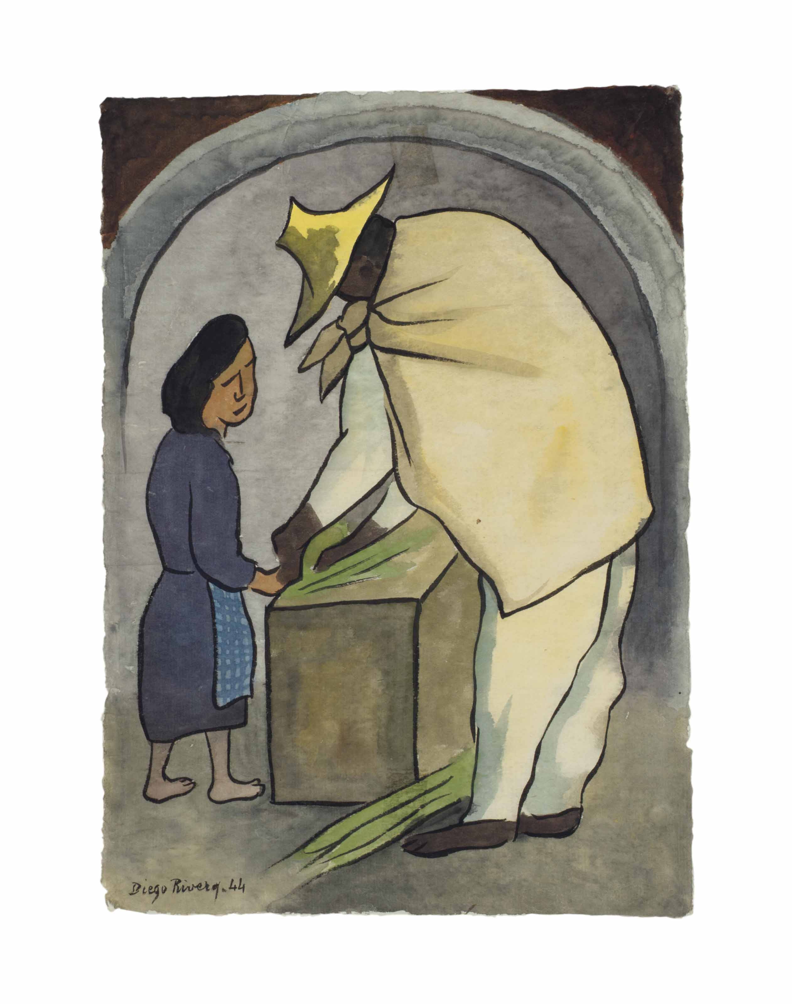 Vendedor con niña 
