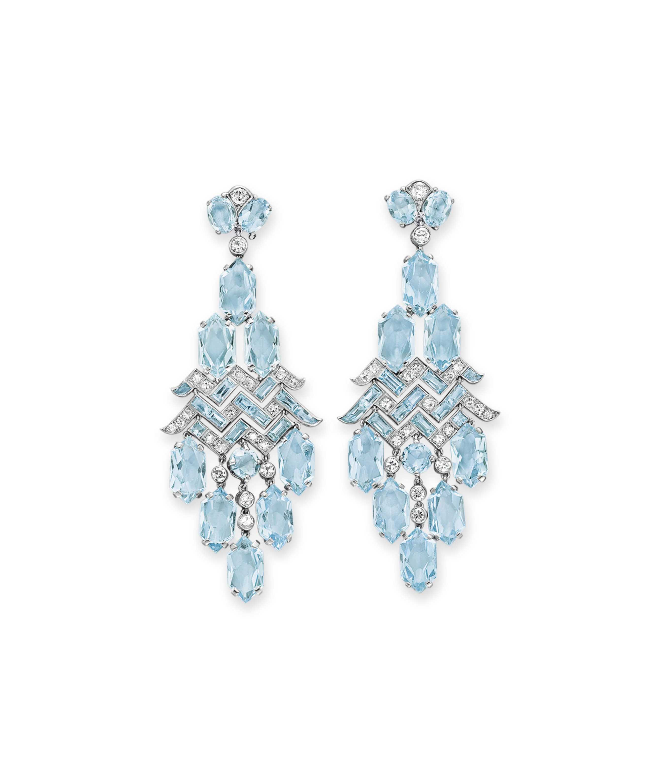 A Pair Of Art Deco Aquamarine And Diamond Ear Pendants By - 