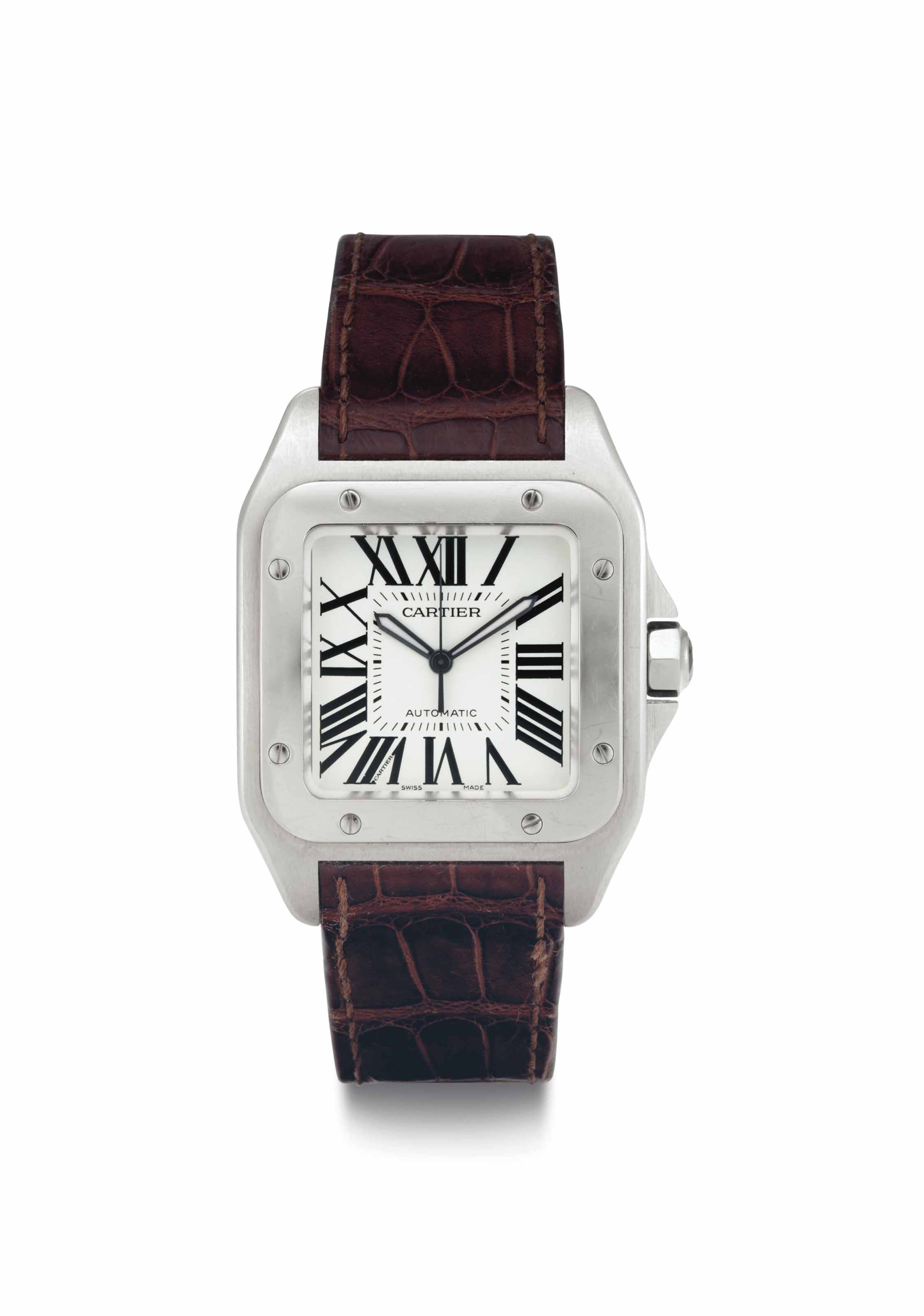 Cartier. A Stainless Steel Square Automatic Wristwatch with Center Seconds