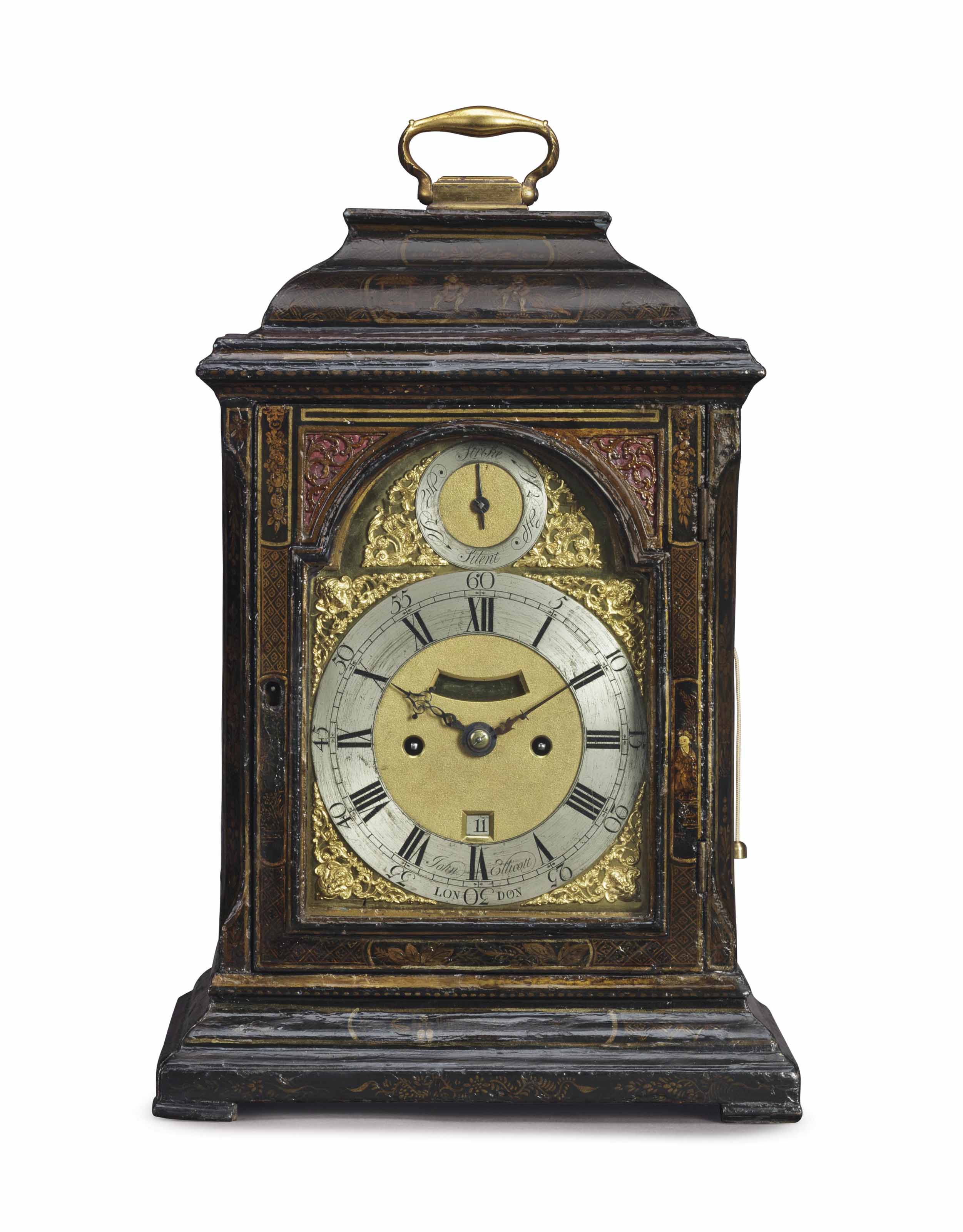 A II GREEN AND GILTJAPANNED STRIKING TABLE CLOCK , BY JOHN
