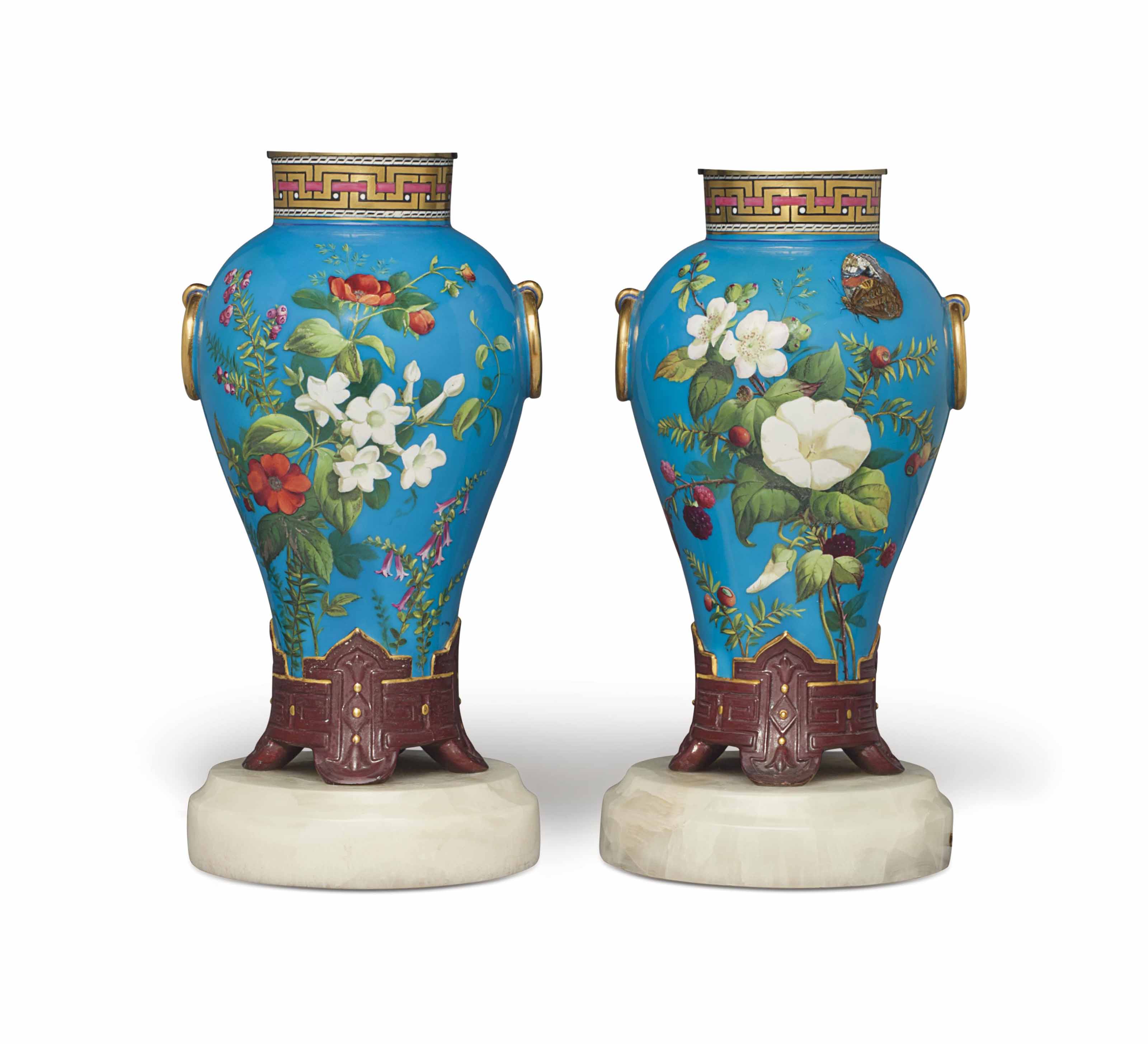 A PAIR OF MINTON PORCELAIN TURQUOISEGROUND VASES , CIRCA 1867