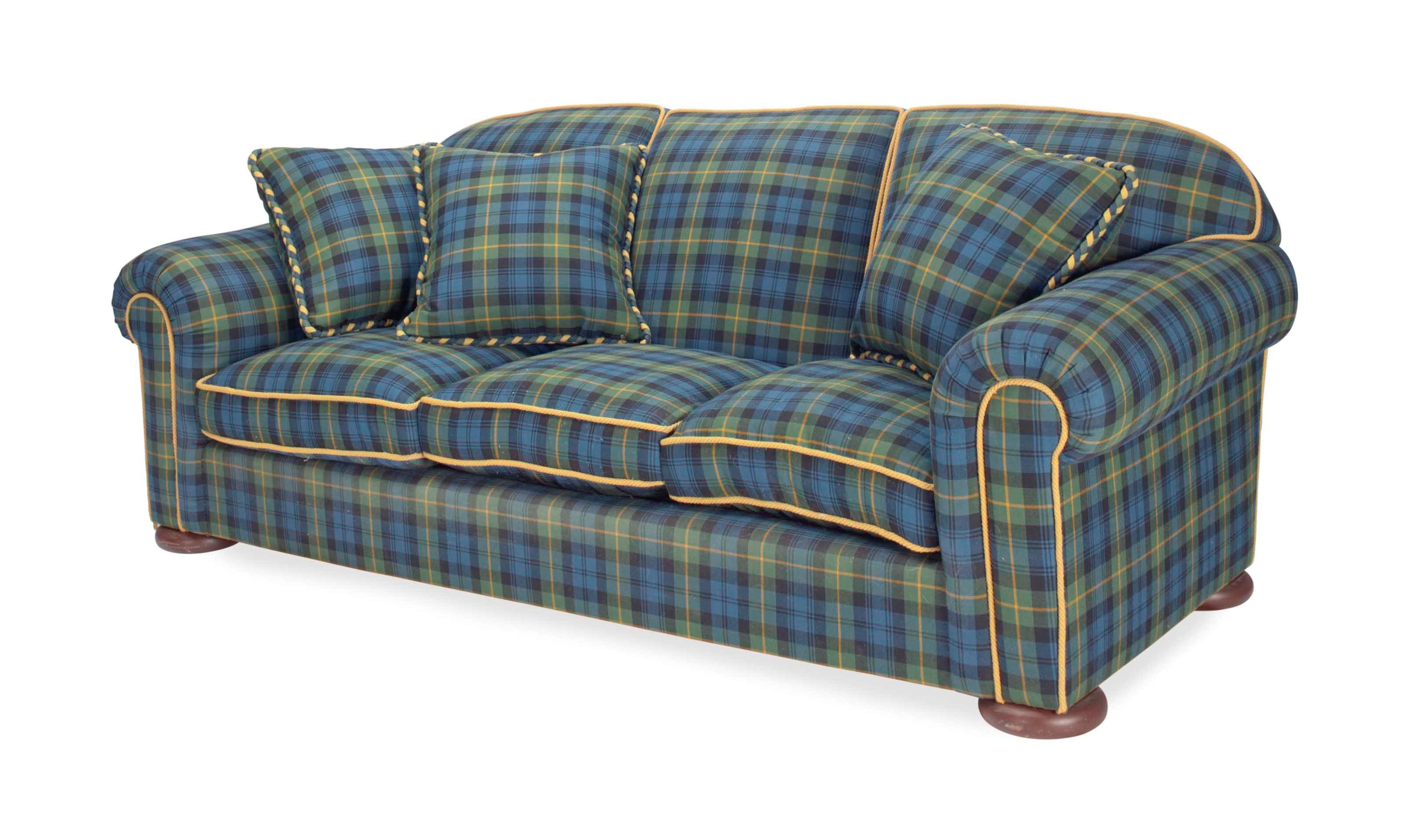 A BLUE, GREEN AND YELLOW PLAIDUPHOLSTERED THREESEAT SOFA,