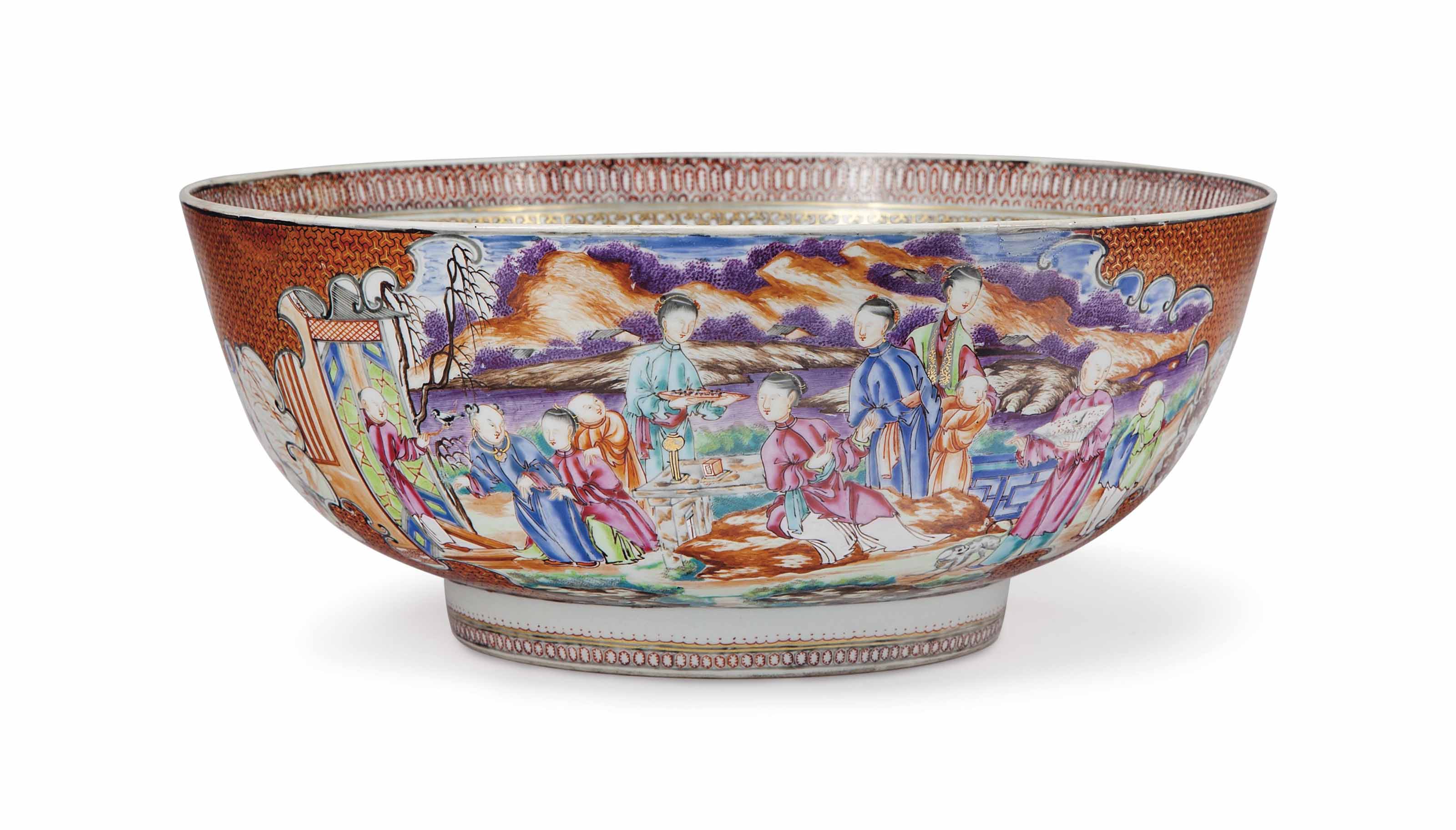 A CHINESE EXPORT PORCELAIN 'MANDARIN PALETTE' LARGE PUNCH BOWL, , 18TH
