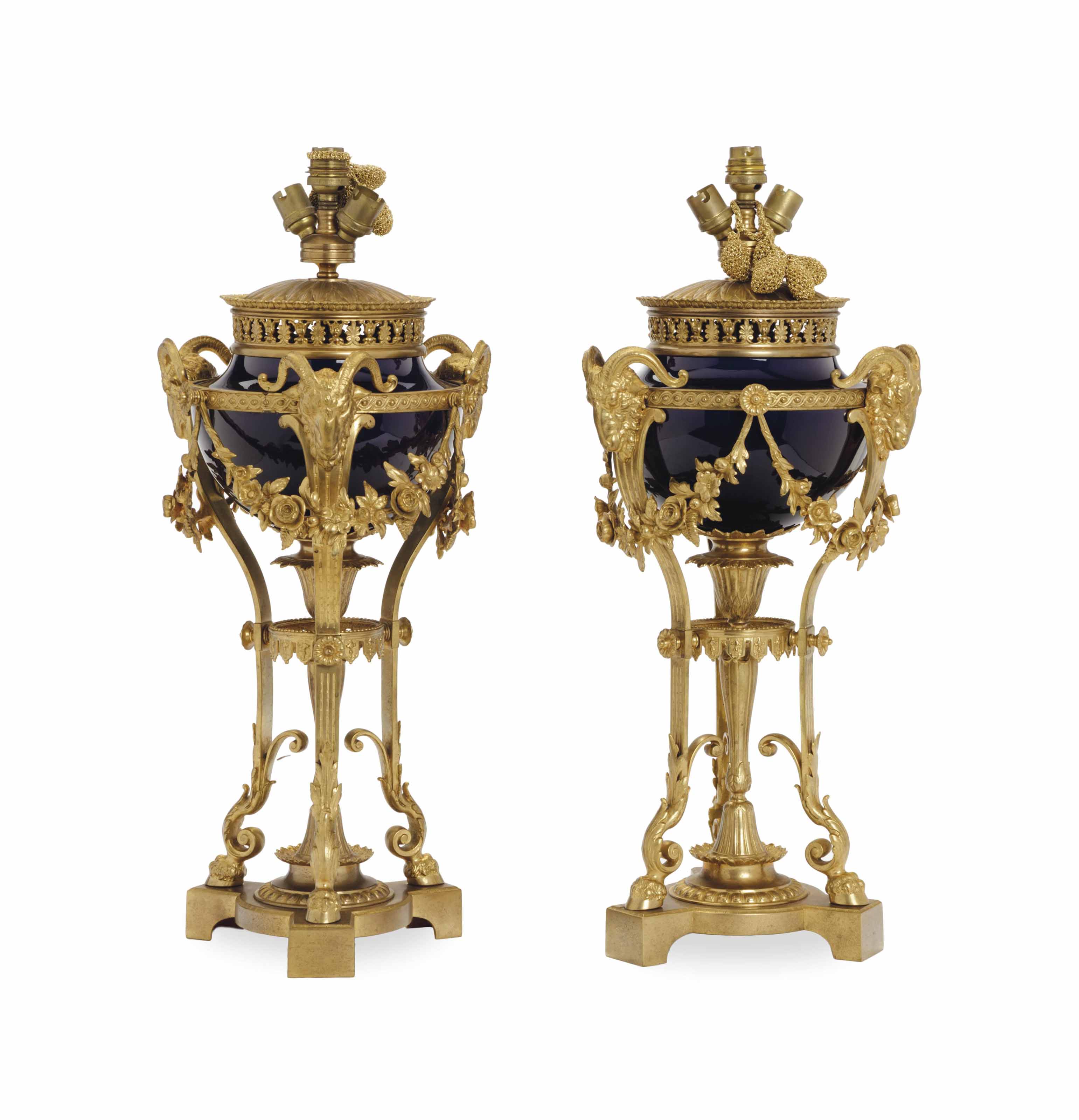 A PAIR OF FRENCH ORMOLU AND COBALT PORCELAIN POTPOURRI BURNERS, , LATE