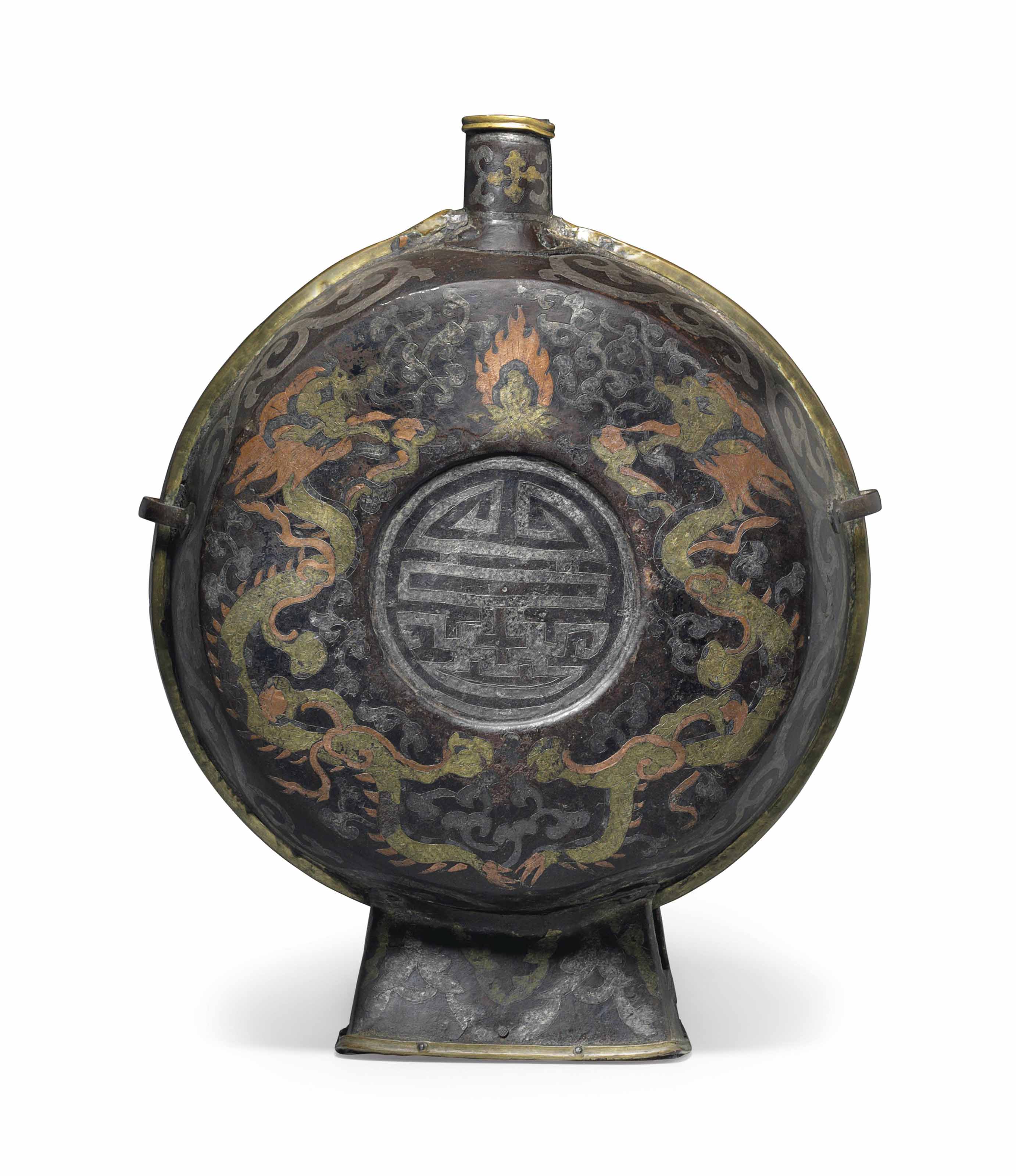 A gold, silver, and copper damascened iron moon flask ...
