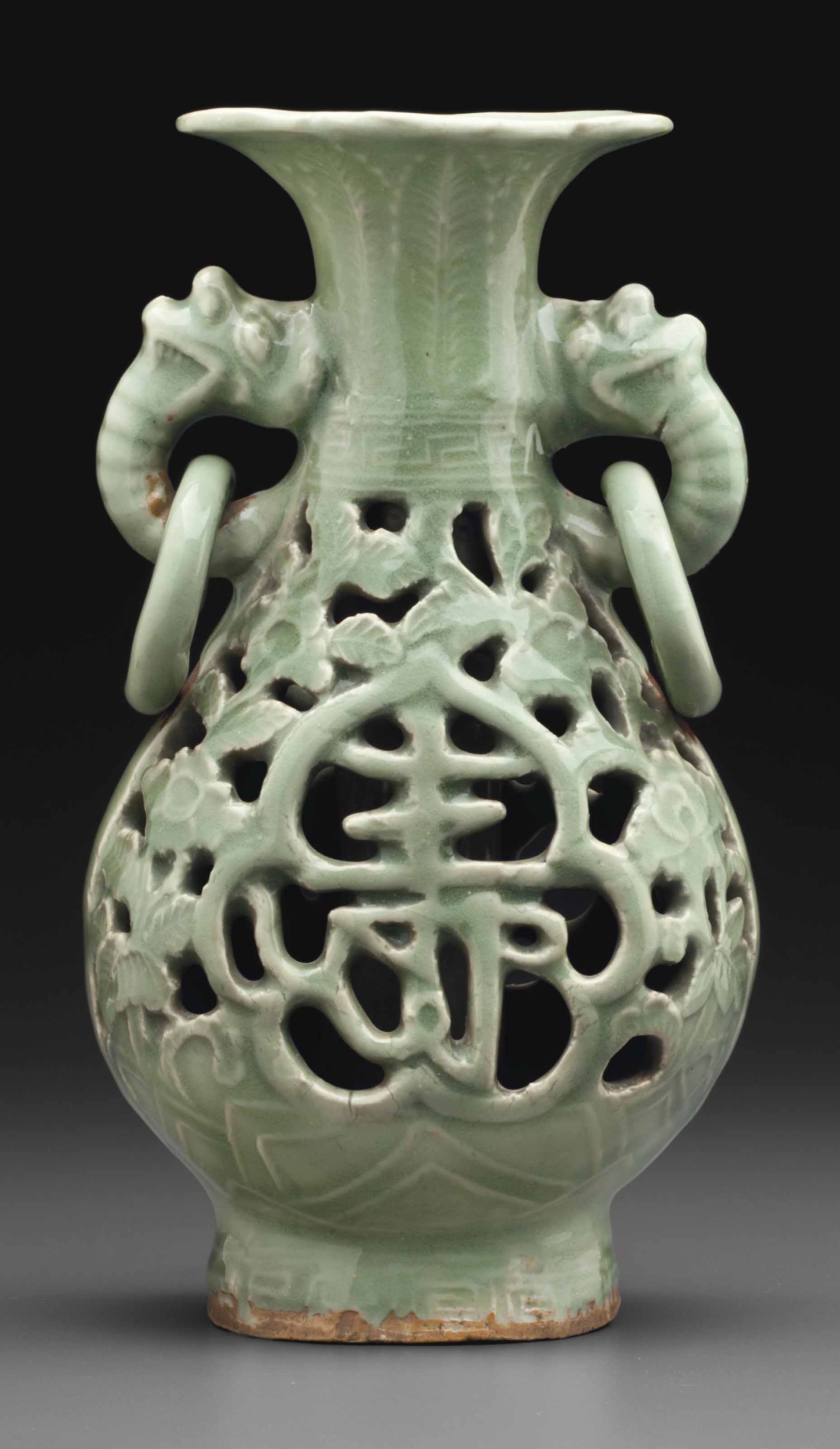 A RARE LONGQUAN CELADON OPENWORK PEARSHAPED DOUBLE VASE , MING DYNASTY