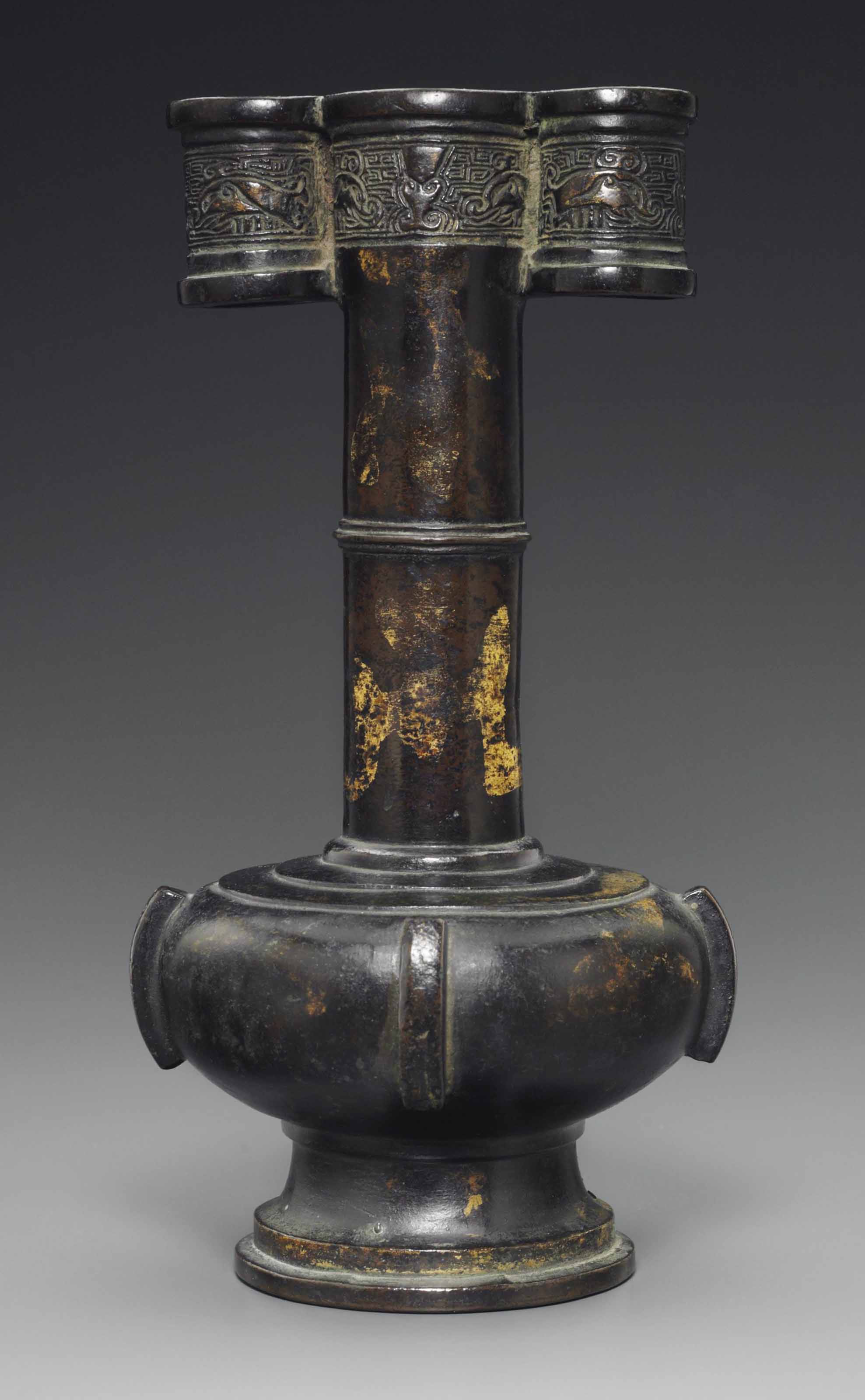 A GOLD-SPLASHED BRONZE 'ARROW' VASE, MING DYNASTY, 14TH-16TH