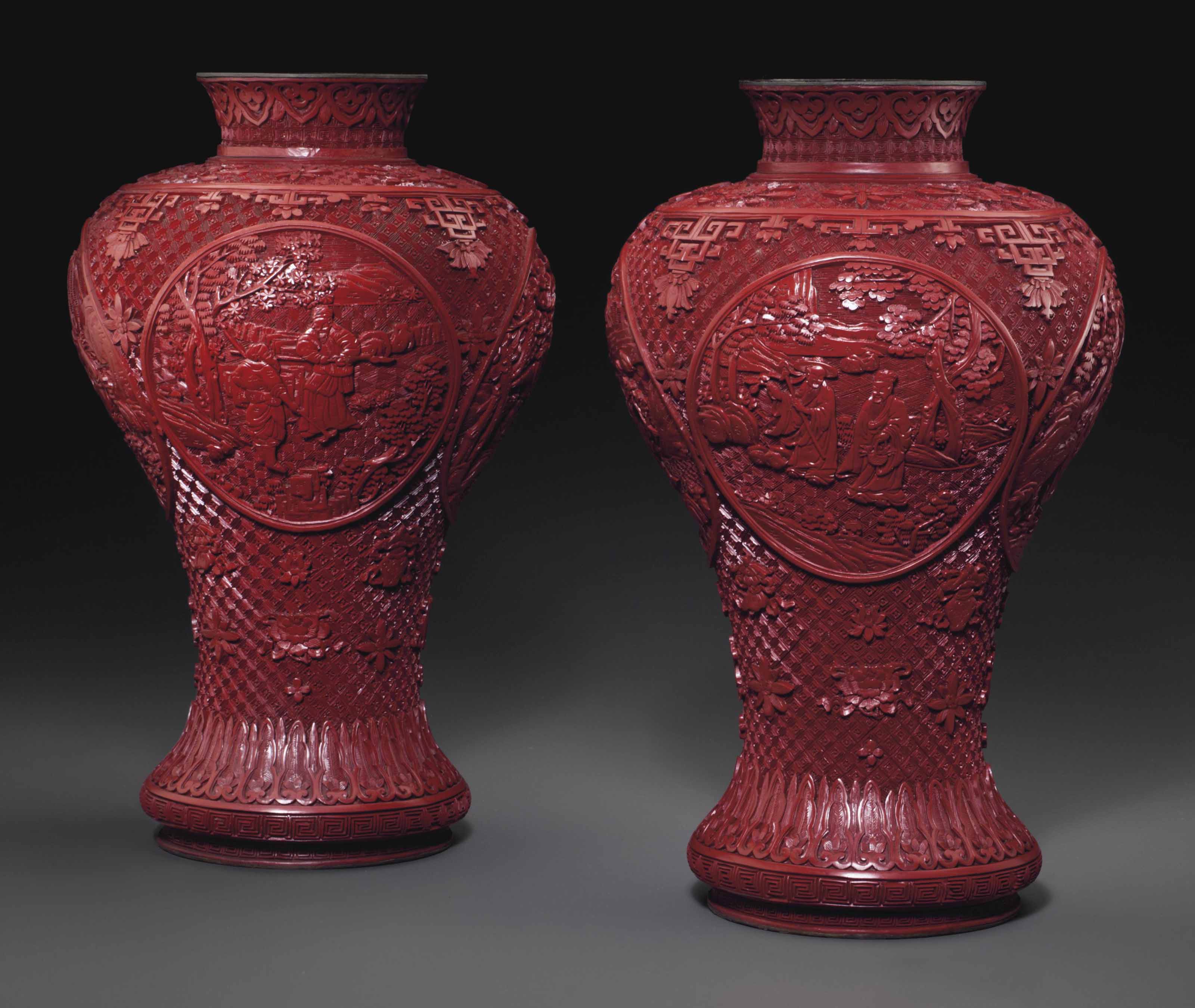 A Pair Of A Carved Red Lacquer Vases Meiping 18th 19th Century
