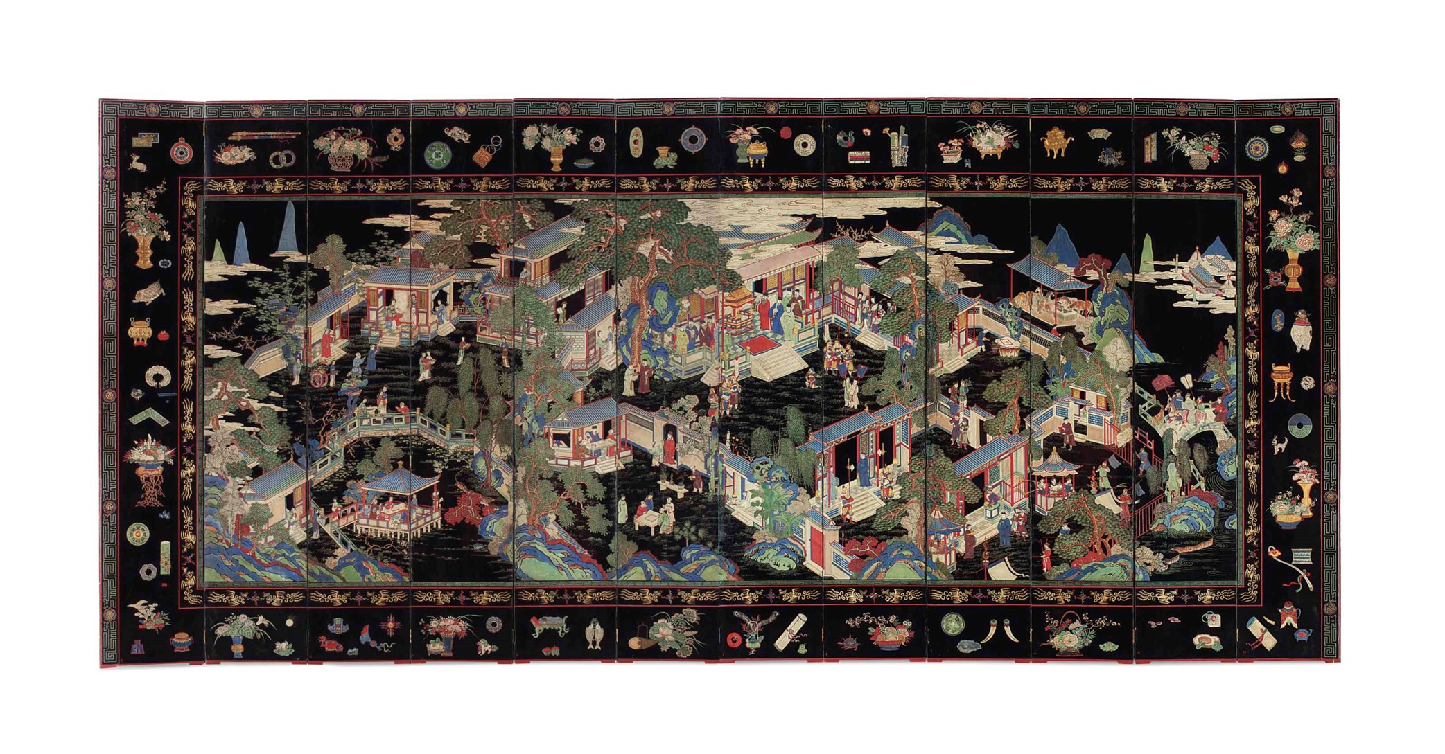 A RARE TWELVEPANEL CARVED LACQUER SCREEN