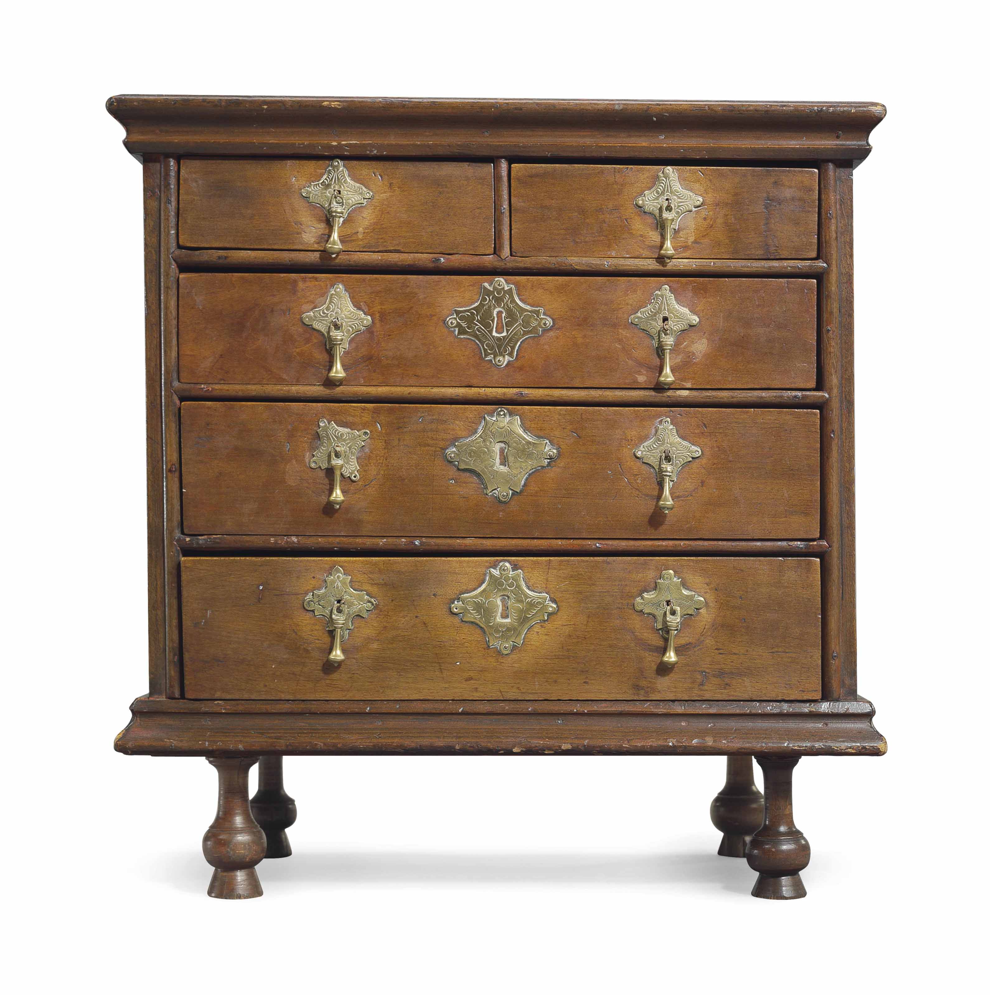 A William And Mary Maple Table Top Chest Of Drawers New England