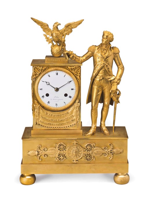 A FRENCH EMPIRE ORMOLU MANTLE CLOCK WITH A FIGURE OF GEORGE WASHINGTON