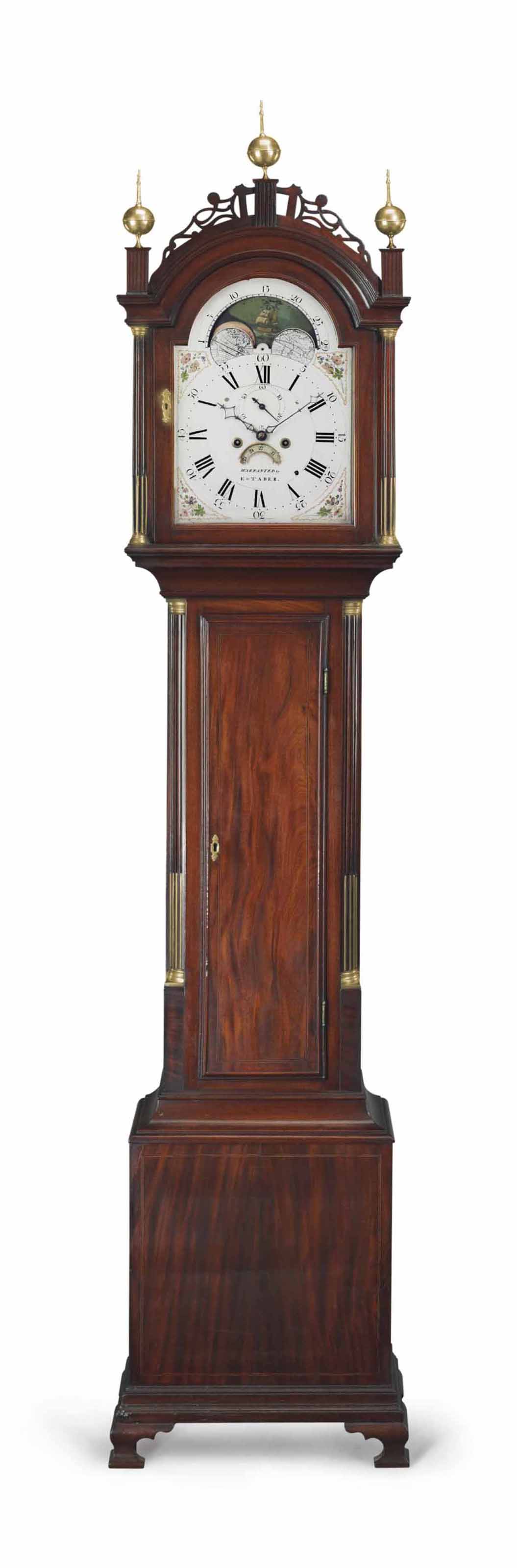 A FEDERAL BRASS MOUNTED MAHOGANY TALL CASE CLOCK THE DIAL SIGNED BY