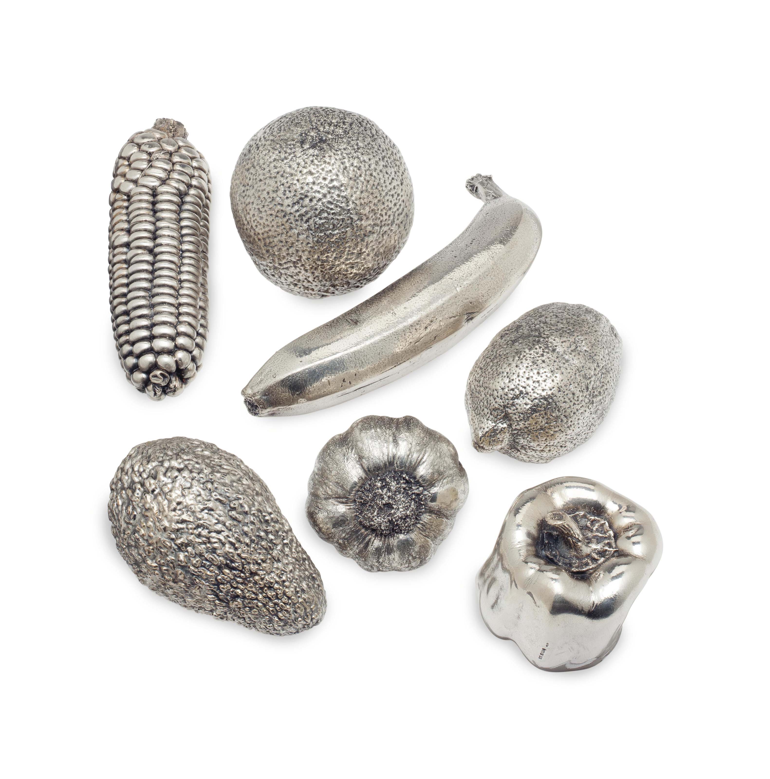 A GROUP OF FOURTEEN ENGLISH SILVER MODELS OF FRUITS AND VEGETABLES,