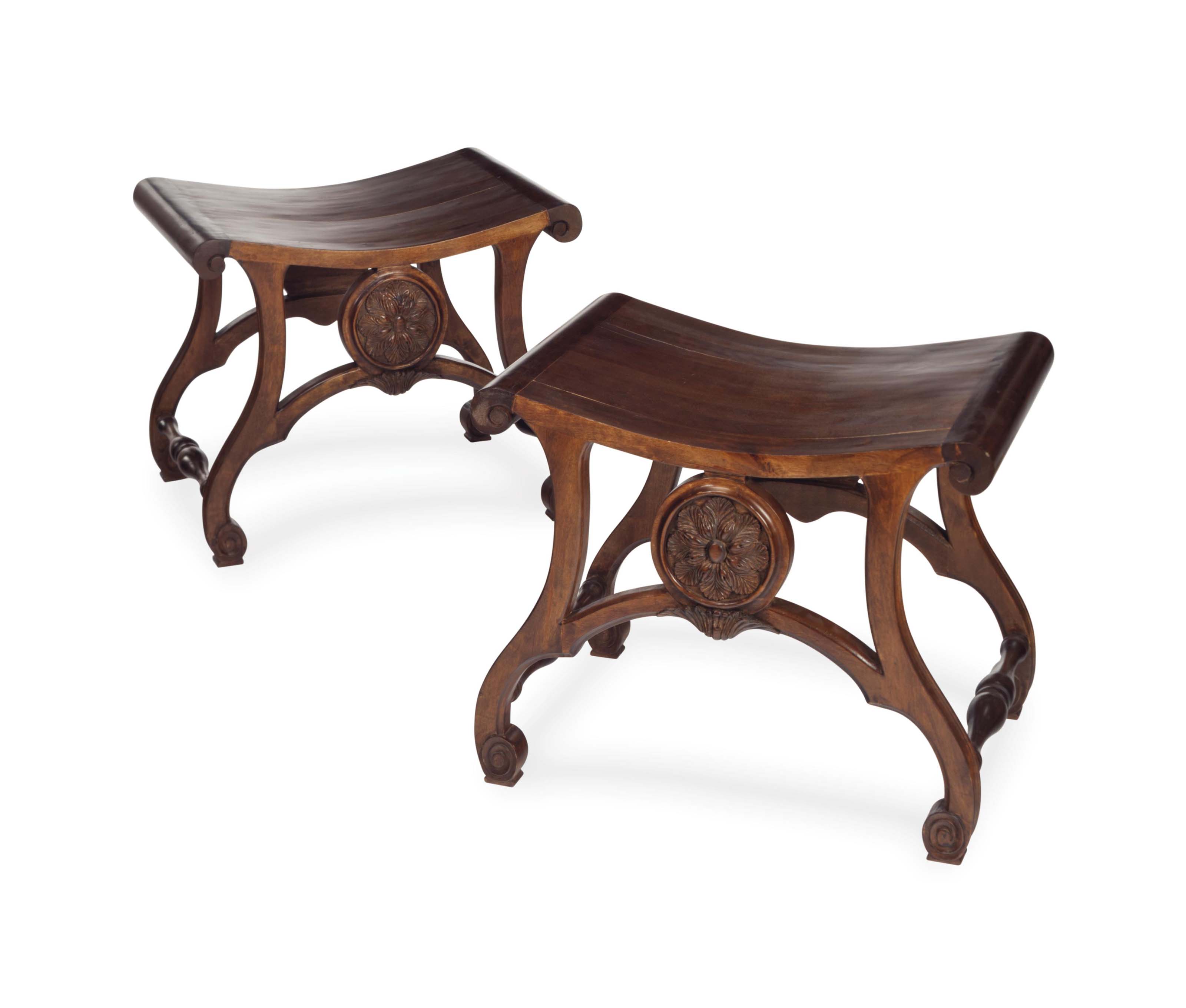 A PAIR OF STAINED FRUITWOOD HALL STOOLS, A PAIR OF STAINED FRUITWOOD HALL STOOLS,