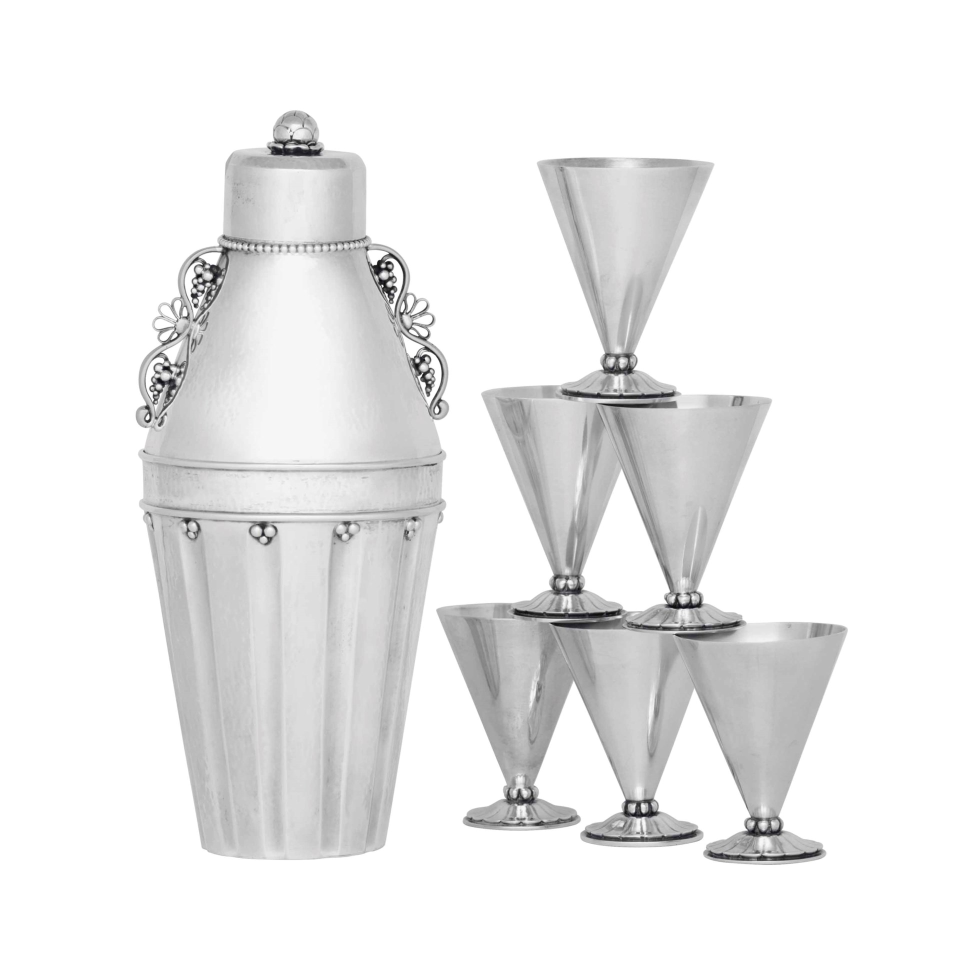 A DANISH SILVER COCKTAIL SHAKER, DESIGNED BY JENSEN, AND SIX