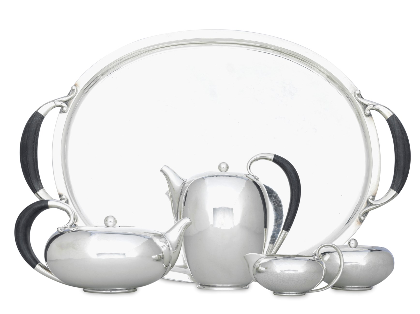 A DANISH SILVER FOURPIECE TEA AND COFFEE SERVICE AND TRAY, DESIGNED BY