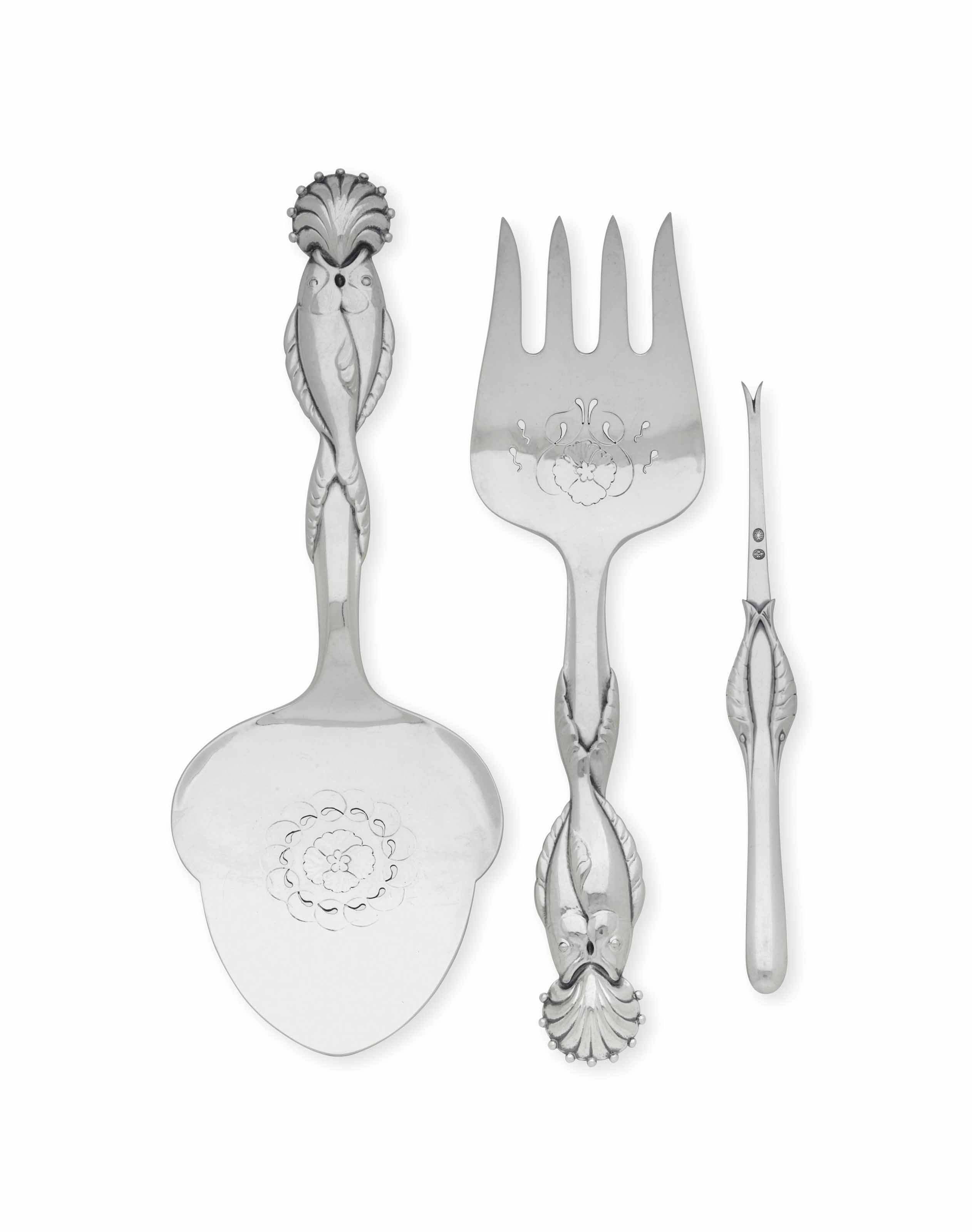THREE DANISH SILVER FISH SERVERS, DESIGNED BY JENSEN