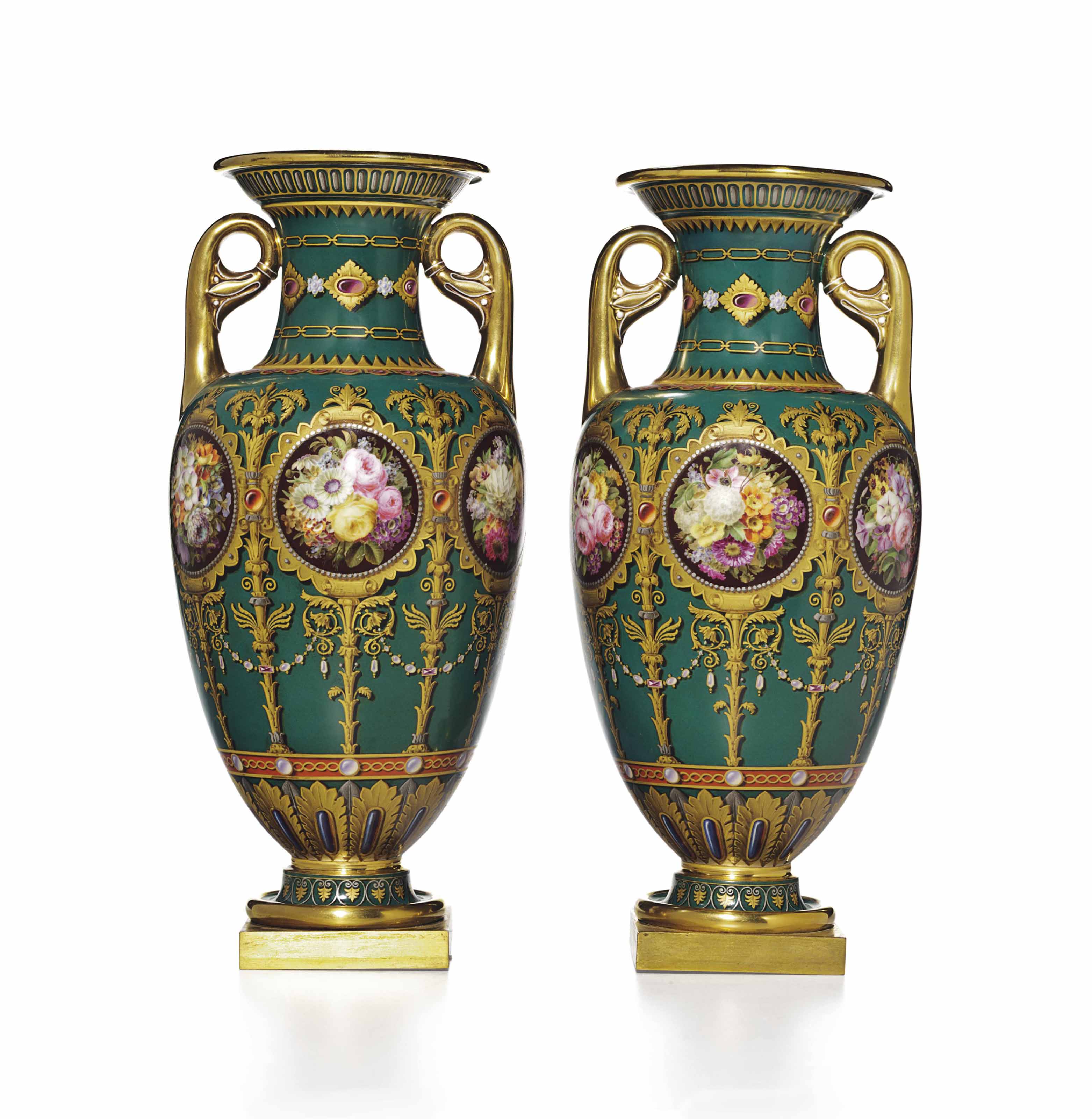 A PAIR OF SEVRES PORCELAIN (LOUIS PHILIPPE) FAUX JEWELED GREENGROUND
