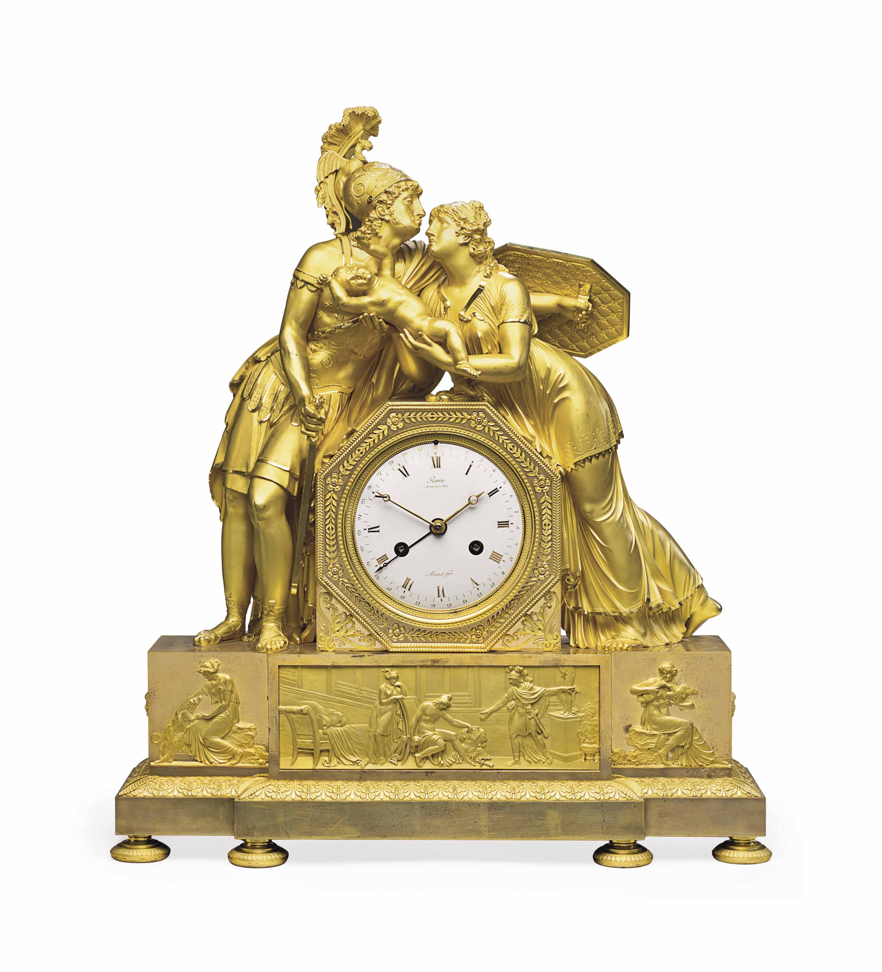 An Empire ormolu striking mantel clock, early 19th century, the case by Antoine-Andre Ravrio. 23 in (58.5 cm) high, 19&frac12; in (49.5 cm) wide, 6 in (15 cm) deep. Sold for $30,000 on 21 October 2014 at Christie&rsquo;s in New York