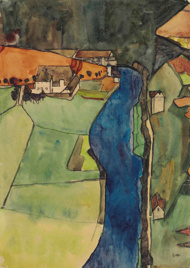 Egon Schiele (1890-1918), Stadt am blauen Fluss (Krumau), executed in 1910. 17¾ x 12⅜  in (45 x 31.4  cm). Sold for $2,965,000 on 5 November 2014 at Christie’s in New York