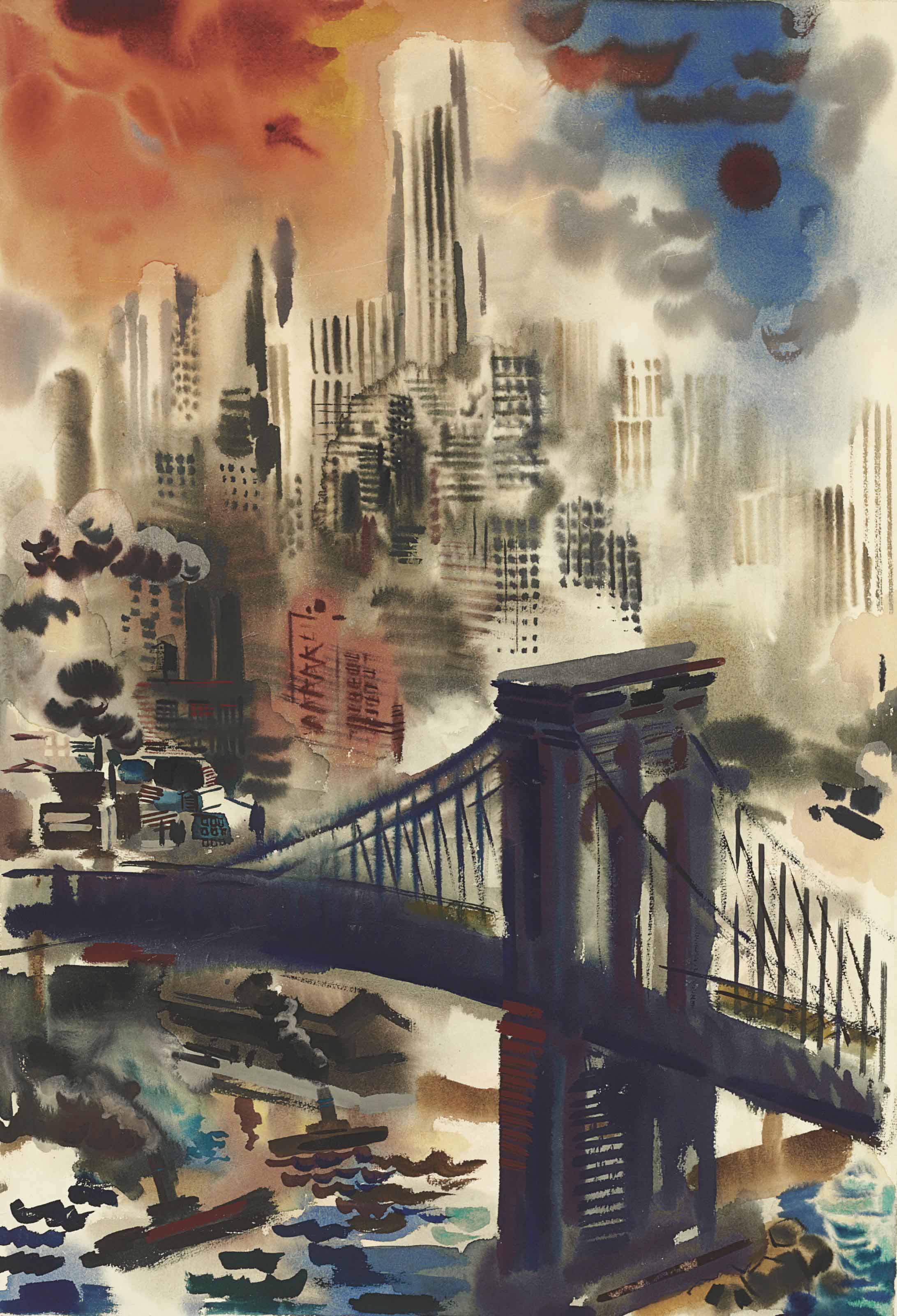 George Grosz 1893 1959 Brooklyn Bridge And Skyline New York