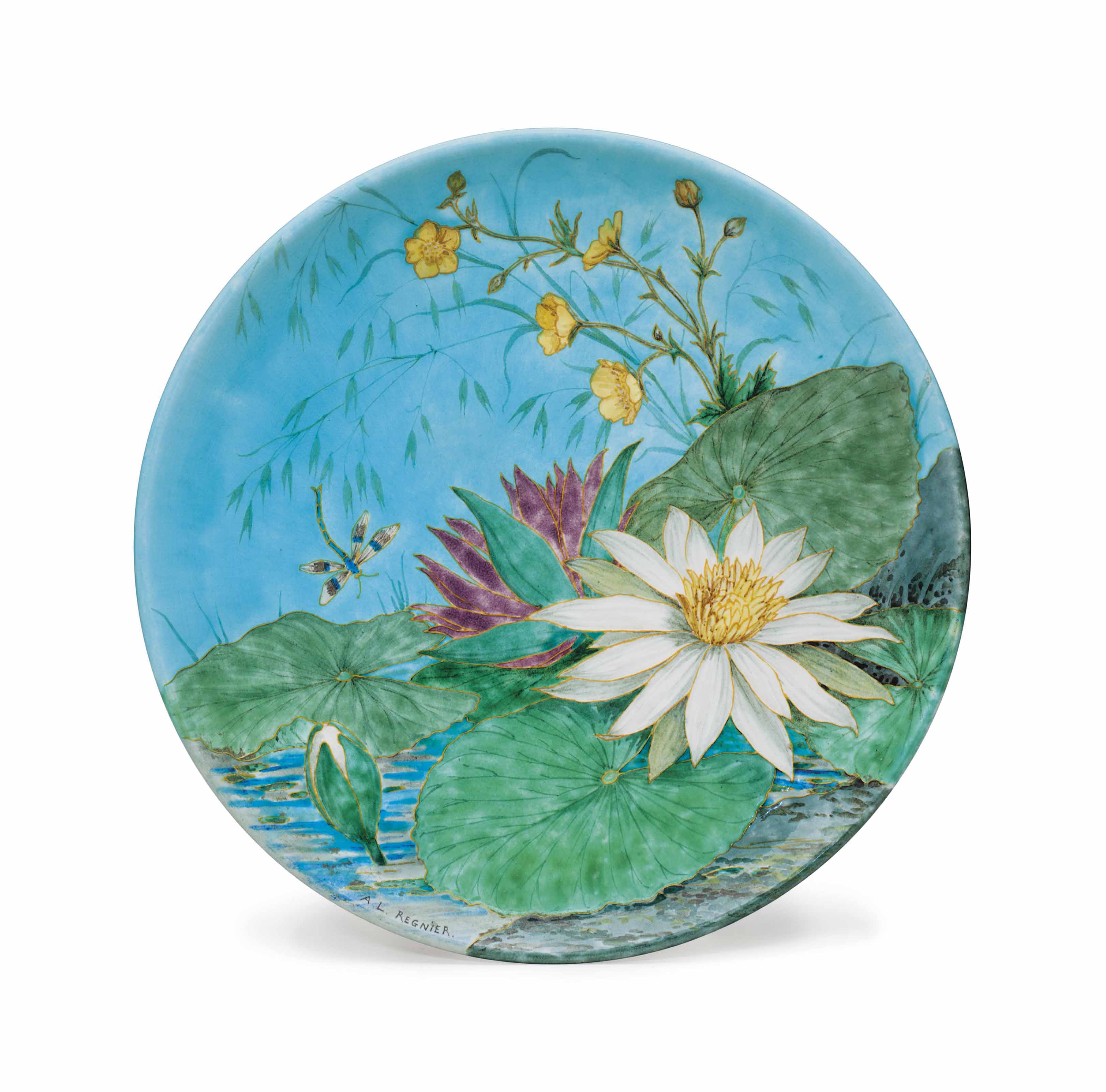 A THEODORE DECK FAIENCE CHARGER, ‘NYMPHAEA’ , CIRCA 1880, IMPRESSED UPPERCASE AND PORTRAIT