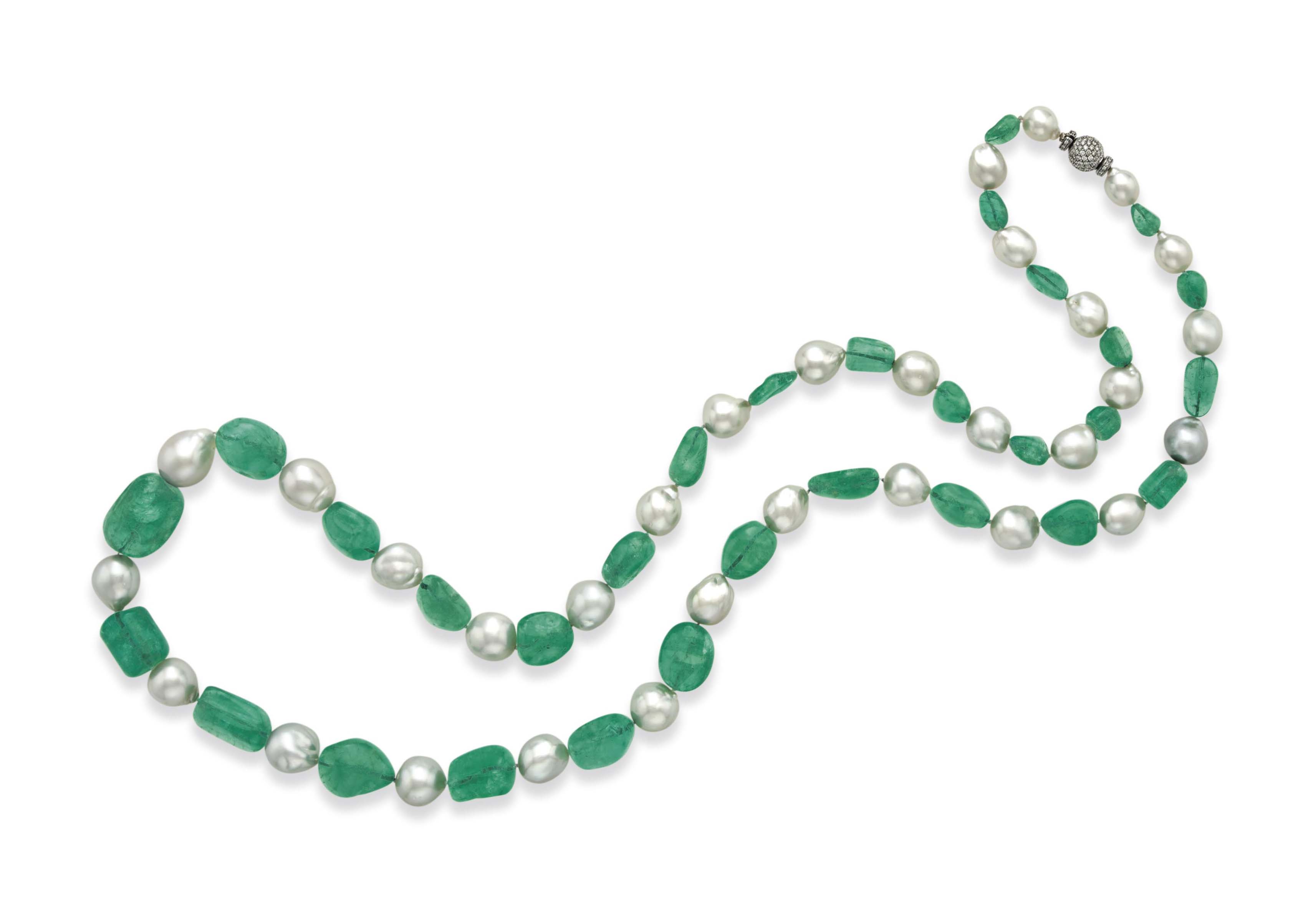 AN EMERALD, CULTURED PEARL AND DIAMOND NECKLACE | Christie's