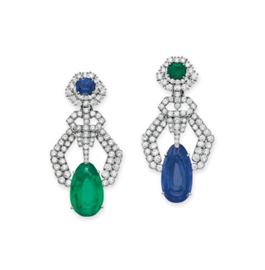 Emerald, sapphire and diamond ear pendants, by David Webb. Sold for $149,000 on 10 December 2014 at Christie’s in New York