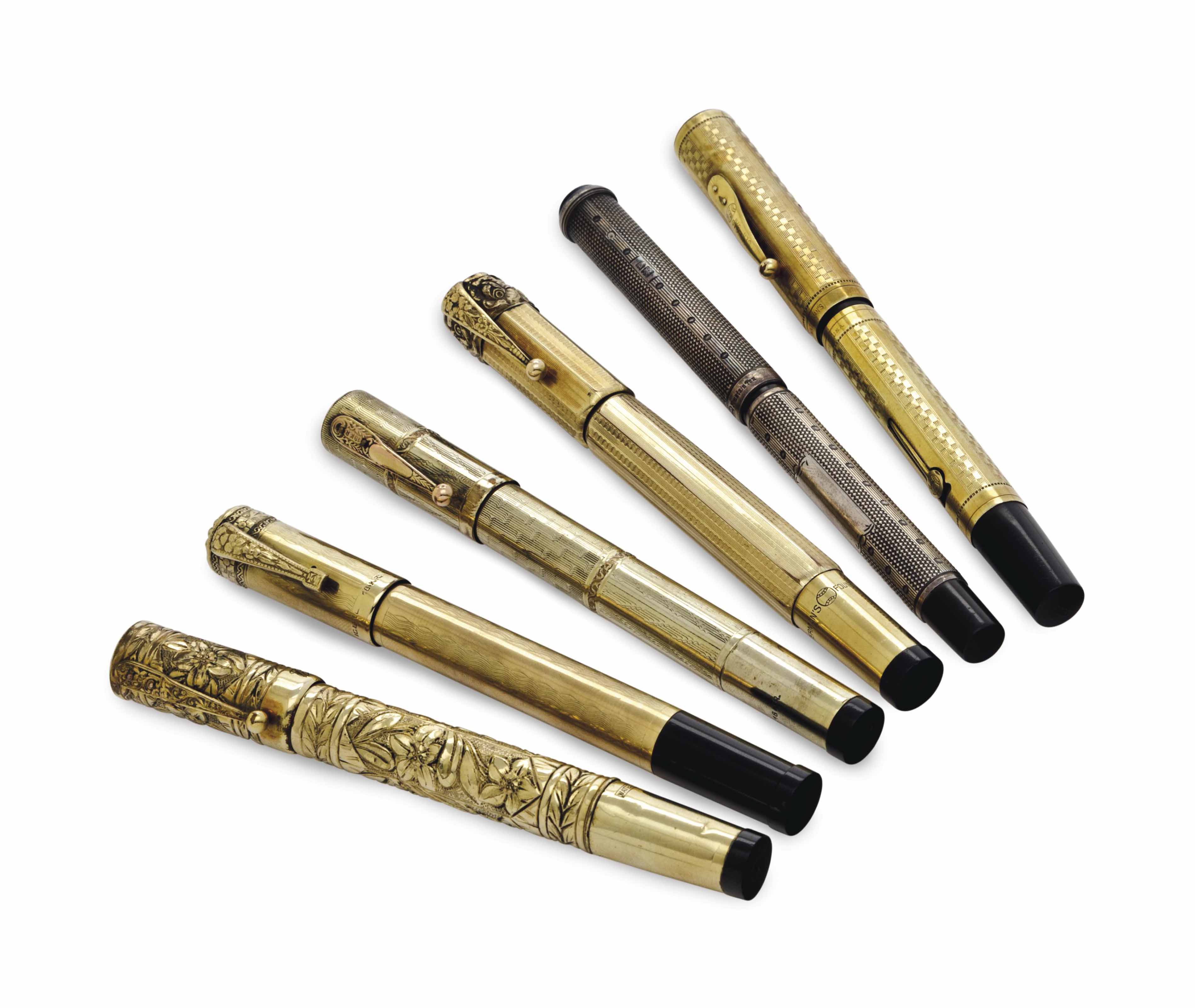 FOUR WATERMAN 18K OVERLAY FOUNTAIN PENS, AND A WATERMAN ENGLISH