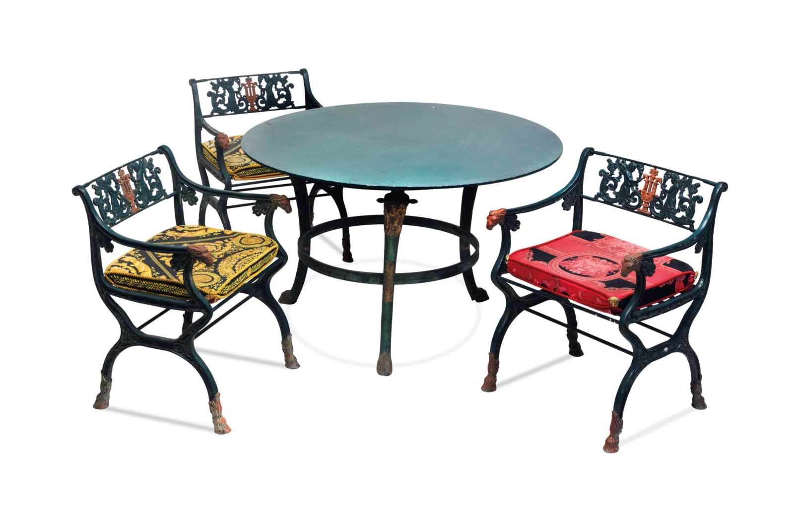 A SET OF GREENPAINTED WROUGHT IRON OUTDOOR FURNITURE WITH CUSHIONS,, 20TH CENTURY, Christie's