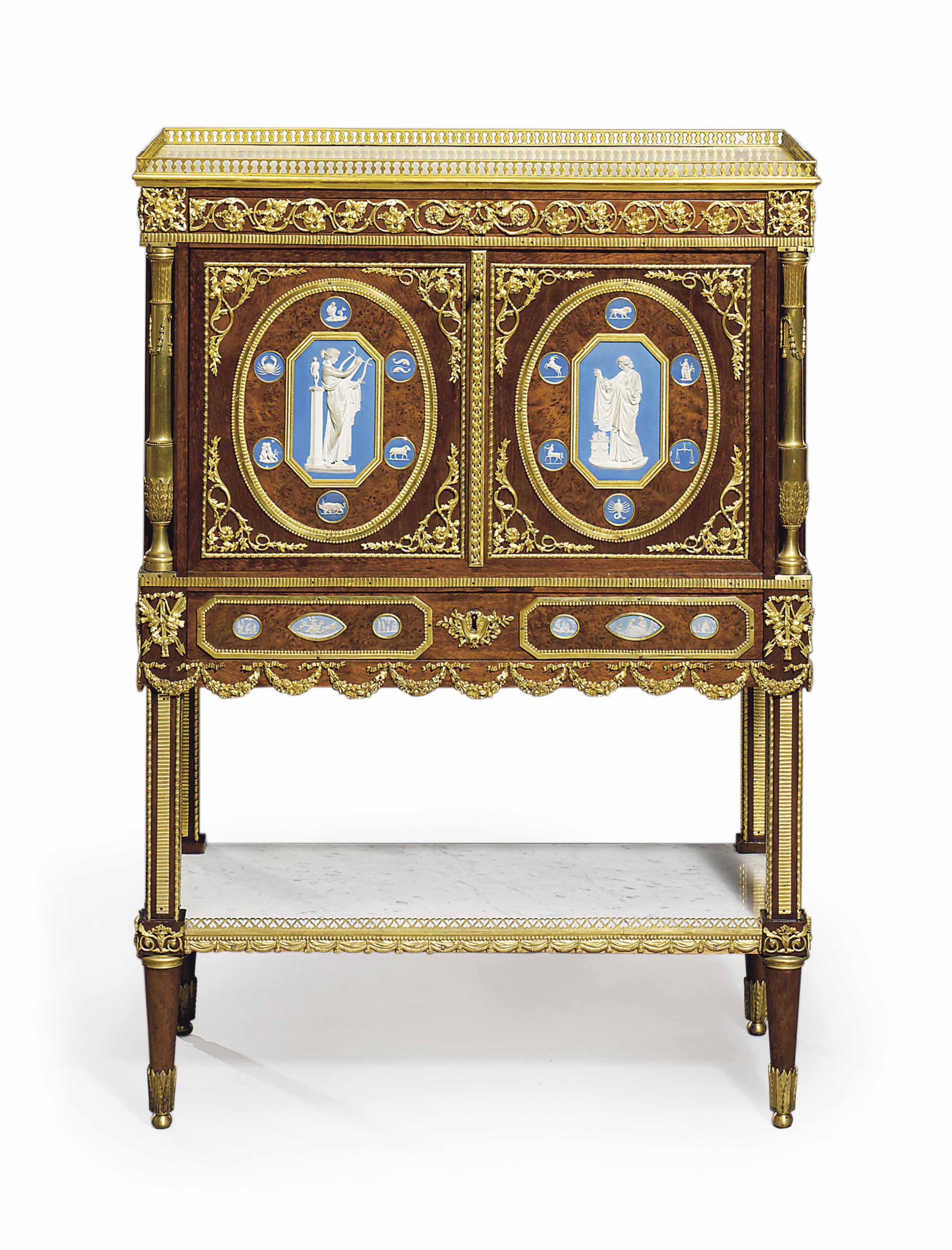 a louis xvi ormolu mounted and wedgwood jasperware mounted thuya mahogany and plum pudding mahogany secretaire