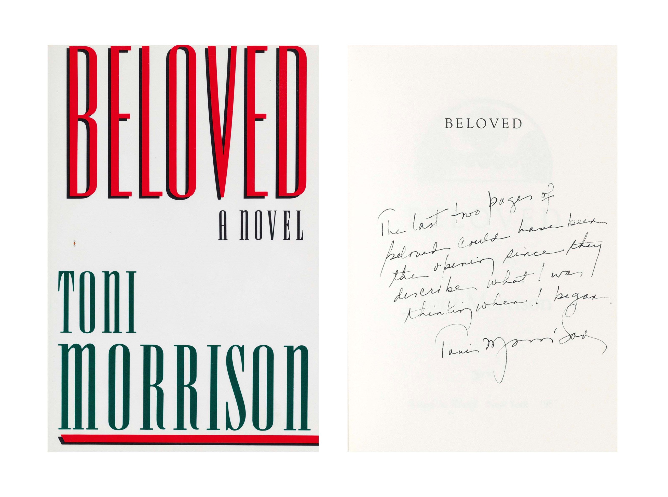 MORRISON, Toni (b. 1931). Beloved. New York Alfred A. Knopf, 1987. 8