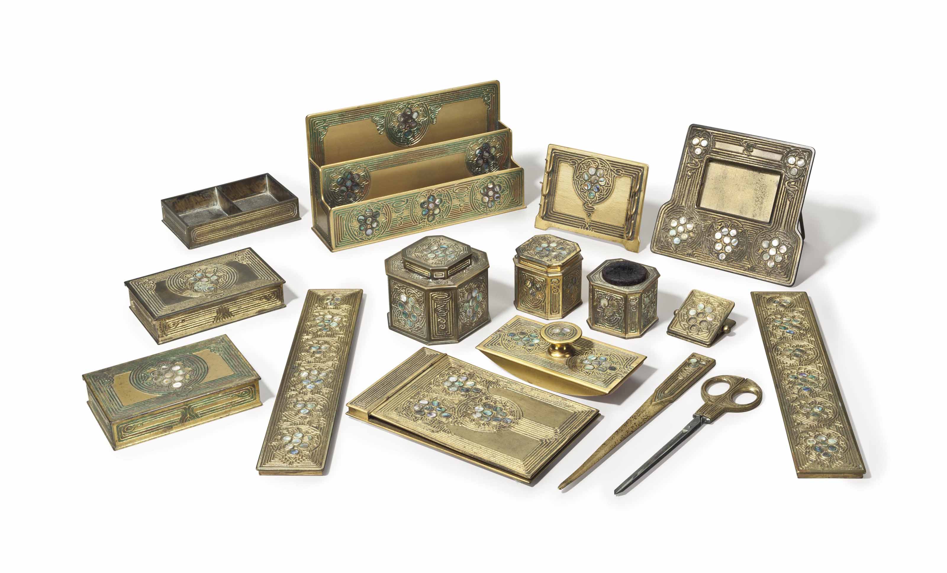 Tiffany Studios A Fifteen Piece Desk Set In The Abalone Pattern