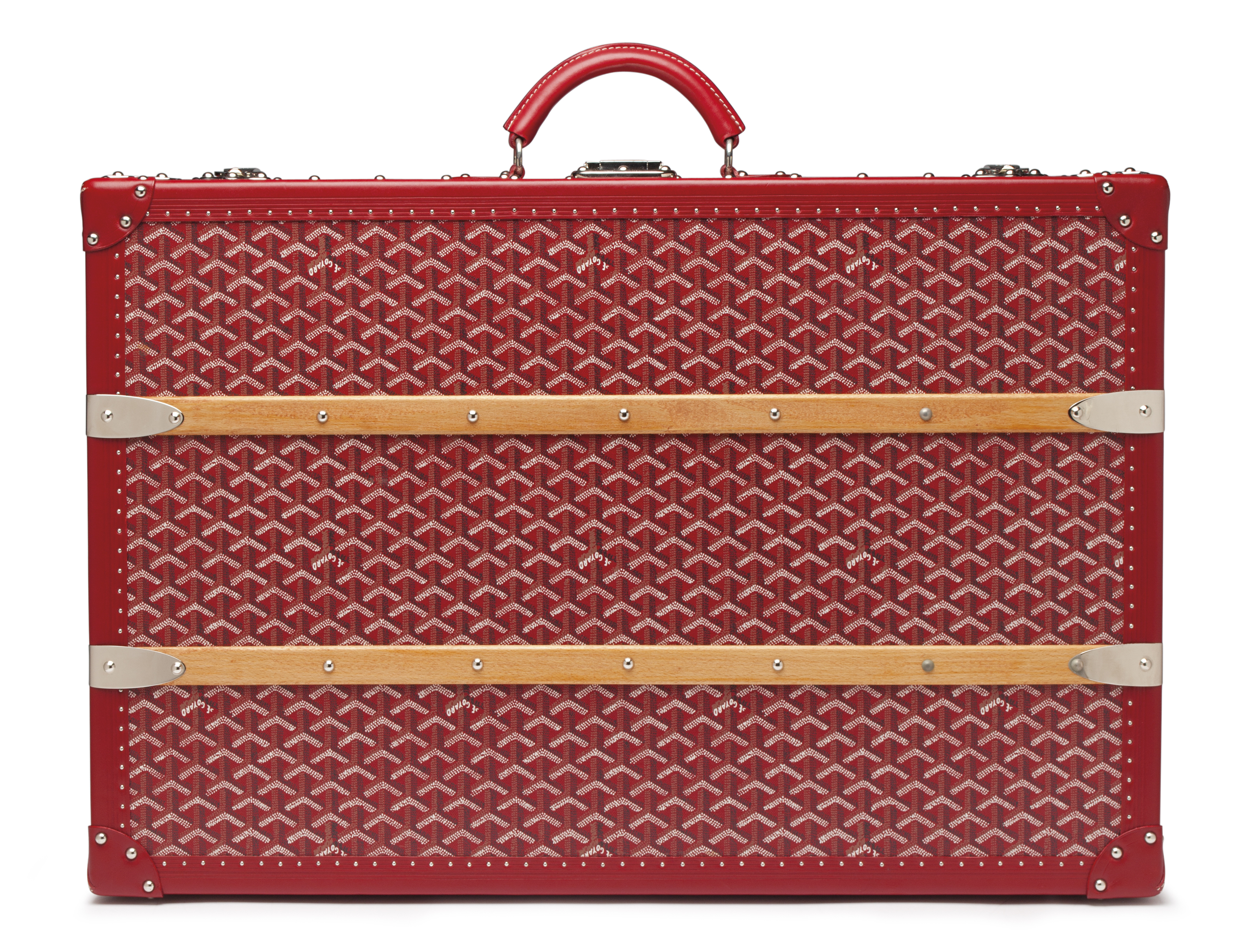 A RED GOYARDINE CANVAS HARDSIDED GRAND HOTEL TRUNK SUITCASE, GOYARD