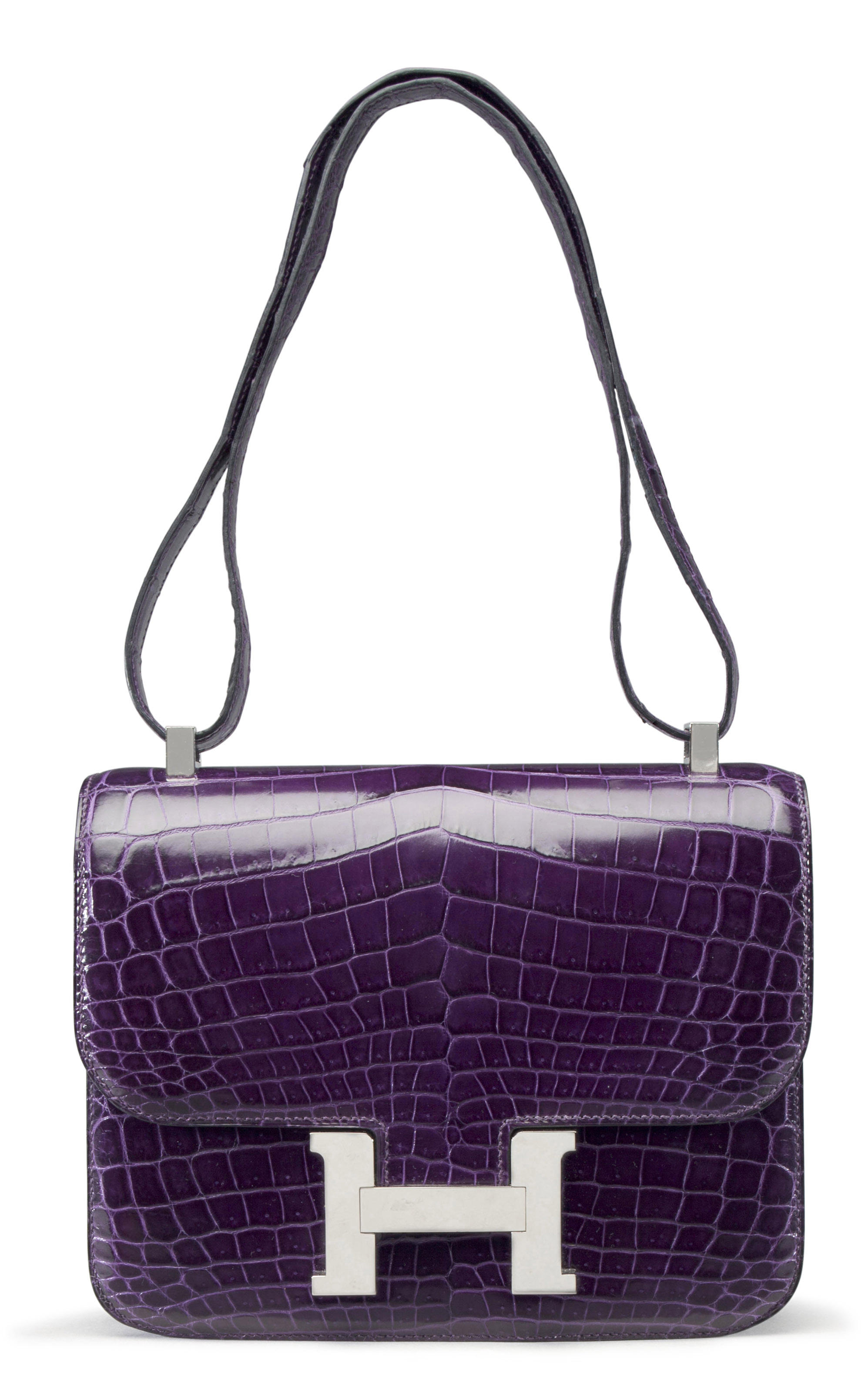 A 23CM SHINY AMETHYST NILO CROCODILE DOUBLE GUSSET CONSTANCE BAG