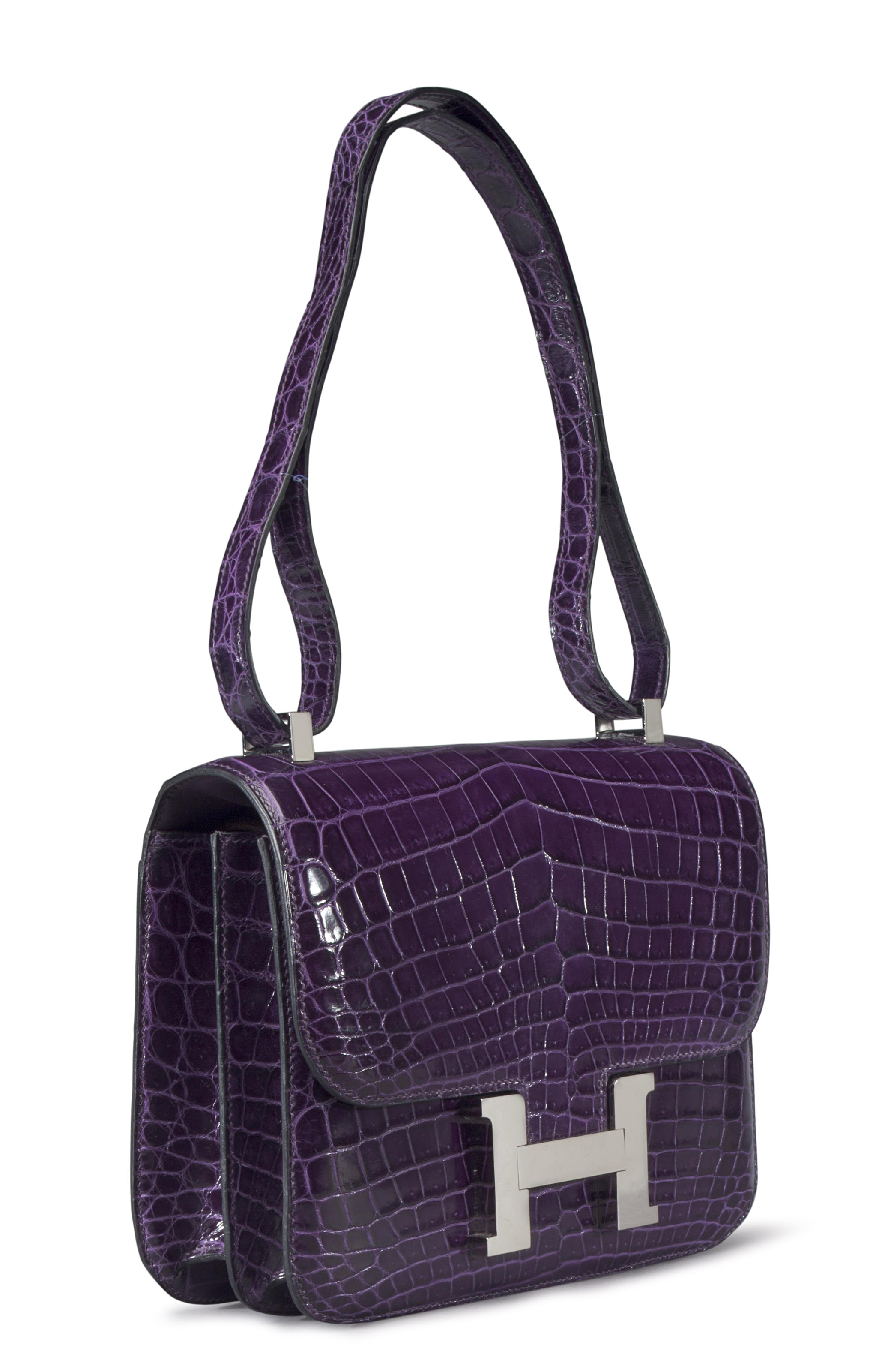 A 23CM SHINY AMETHYST NILO CROCODILE DOUBLE GUSSET CONSTANCE BAG