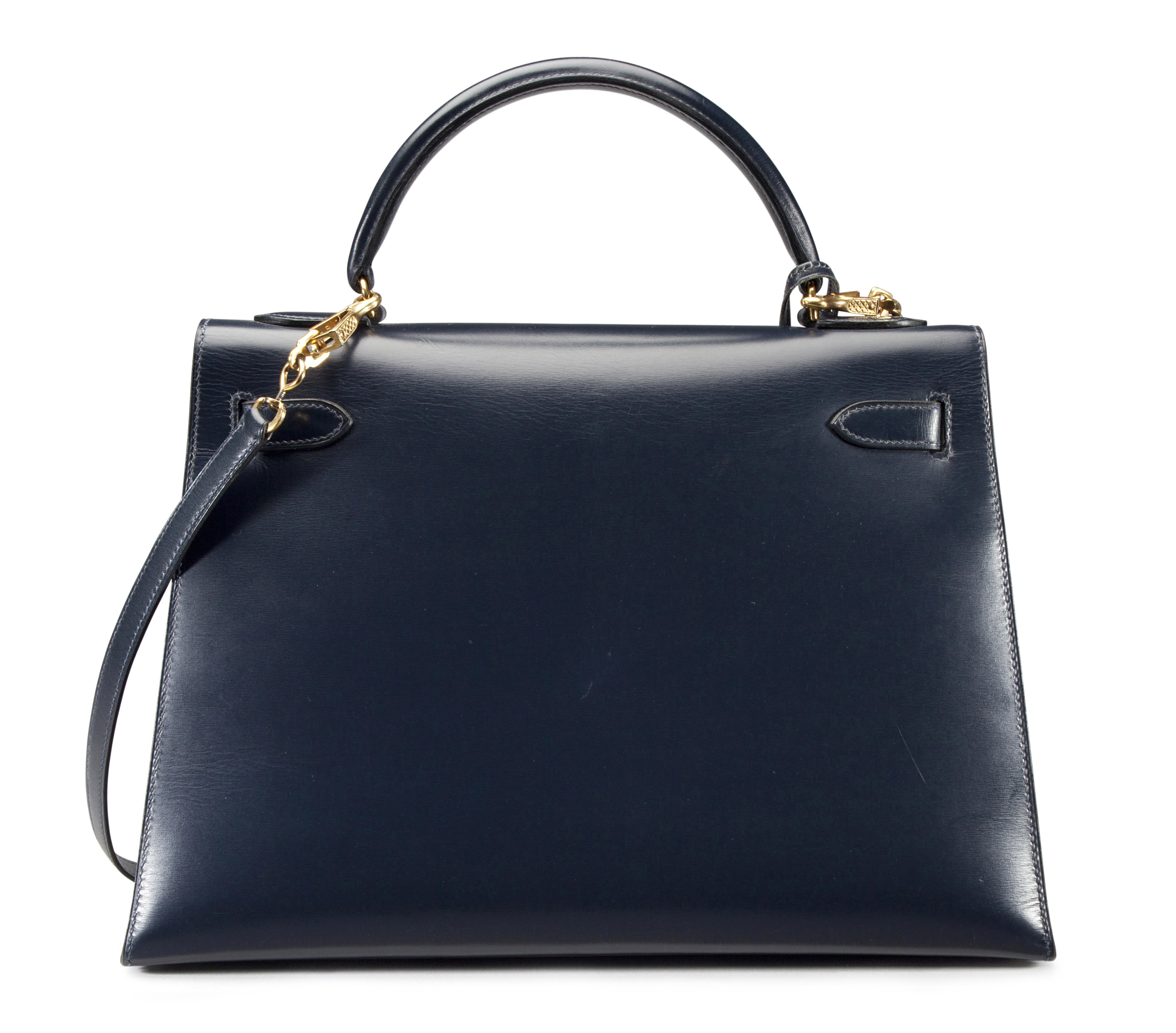 A 32CM BLEU MARINE CALF BOX LEATHER SELLIER KELLY BAG, HERMÈS